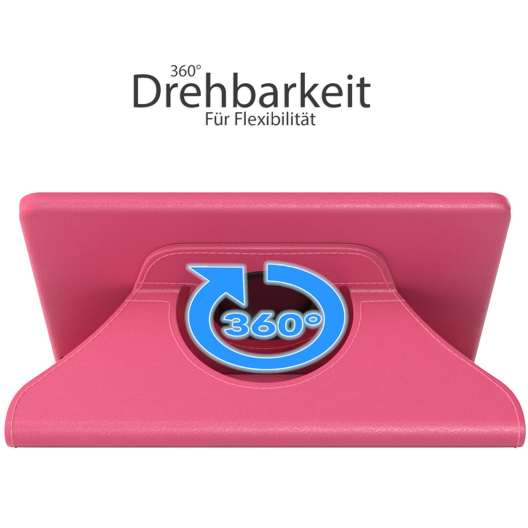 Rosa Tablethülle mit 360-Grad-Drehung. Blaue Pfeilgrafik. Text: 360° Drehbarkeit.