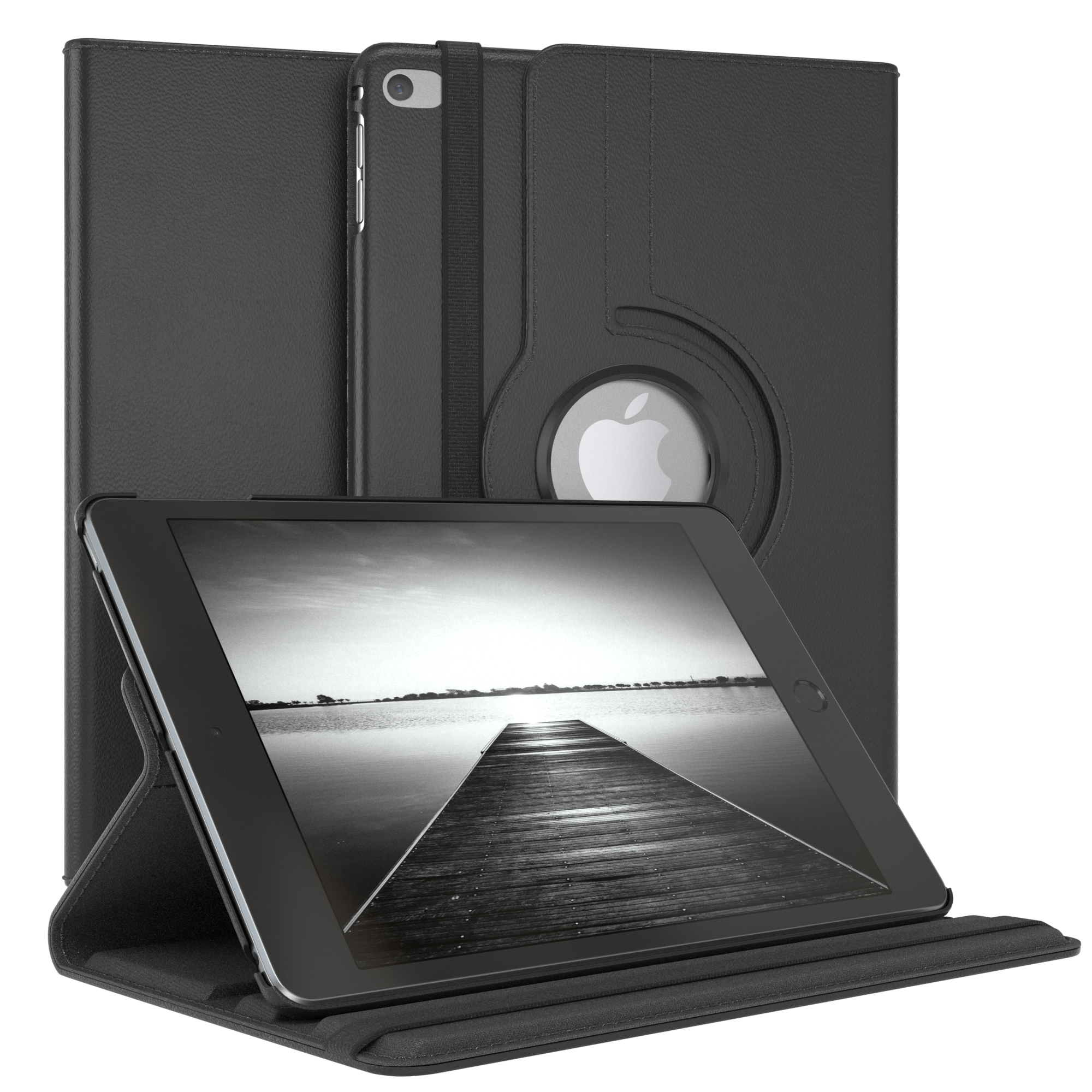 Tablet in einer schwarzen Hülle, stehend. Der Bildschirm zeigt eine Schwarz-Weiß-Landschaft.