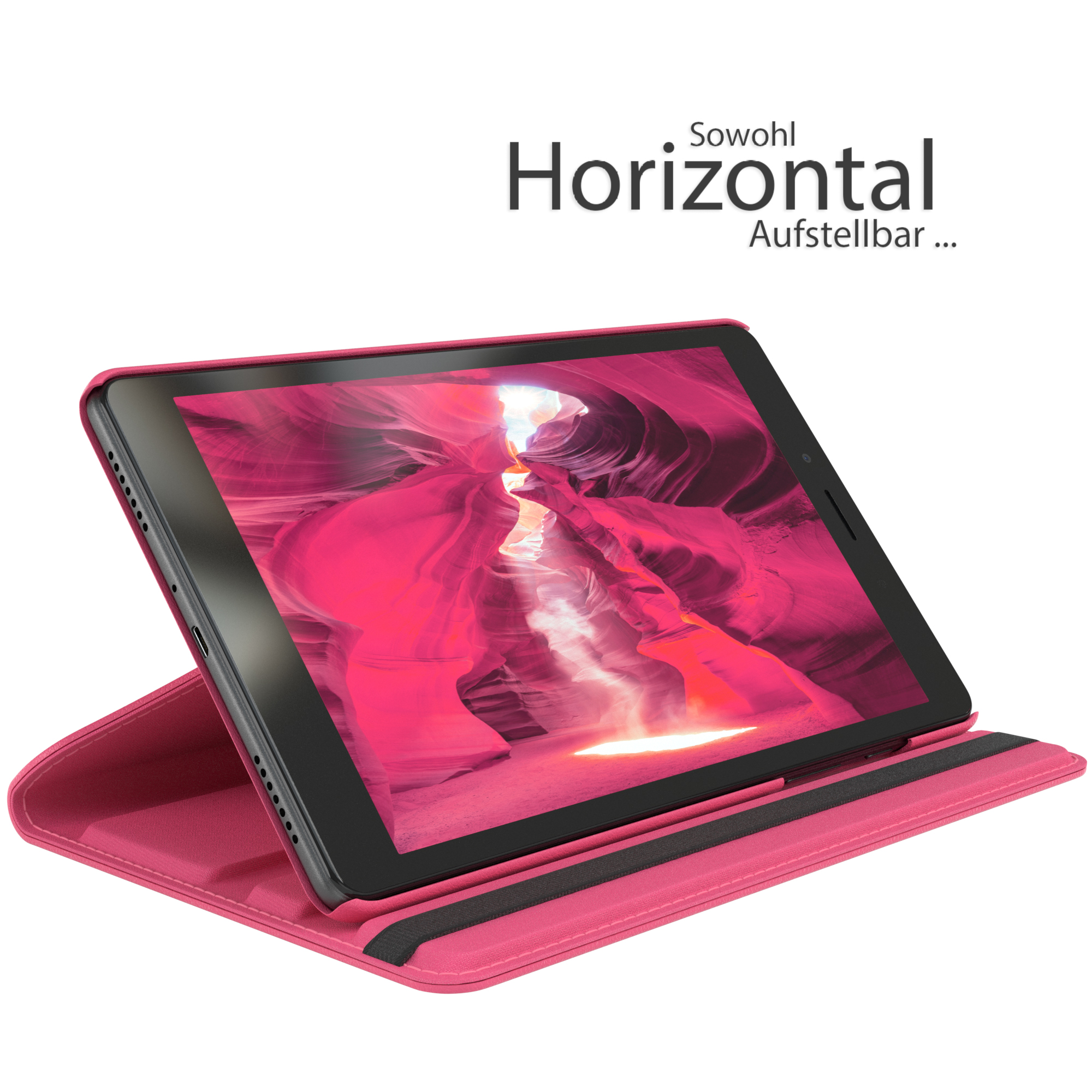 Rote Tablethülle mit Tablet, das ein Canyon-Bild zeigt. Vertikale Position.