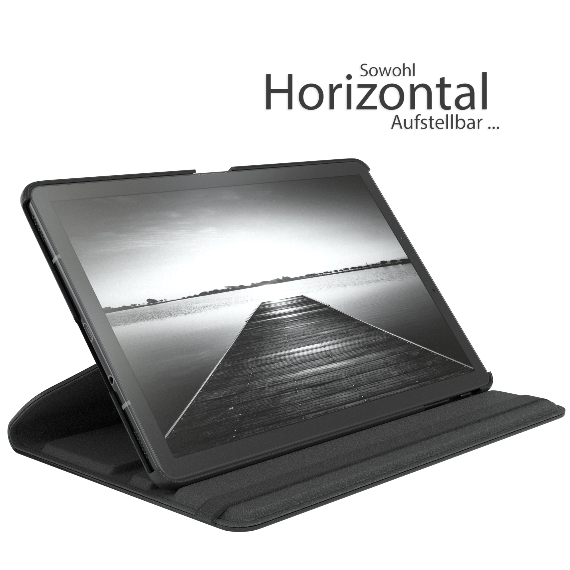 Schwarzes Tablet in einem Ständer. Hintergrund zeigt eine Seelandschaft. Text lautet 'Horizontal Aufstellbar'.