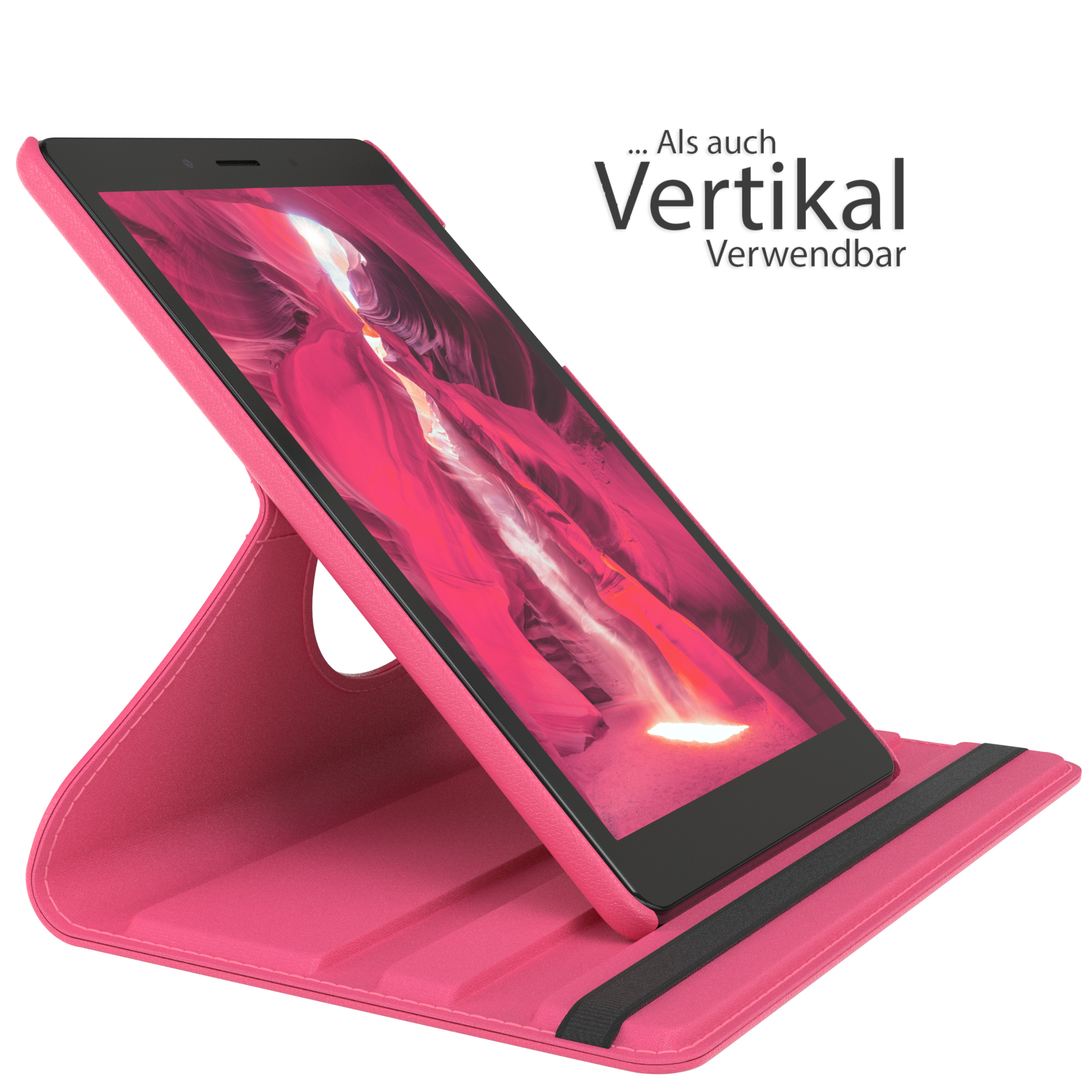 Tablet in rosa Hülle hochgestellt. Der Bildschirm zeigt eine lebendige, abstrakte Landschaft.