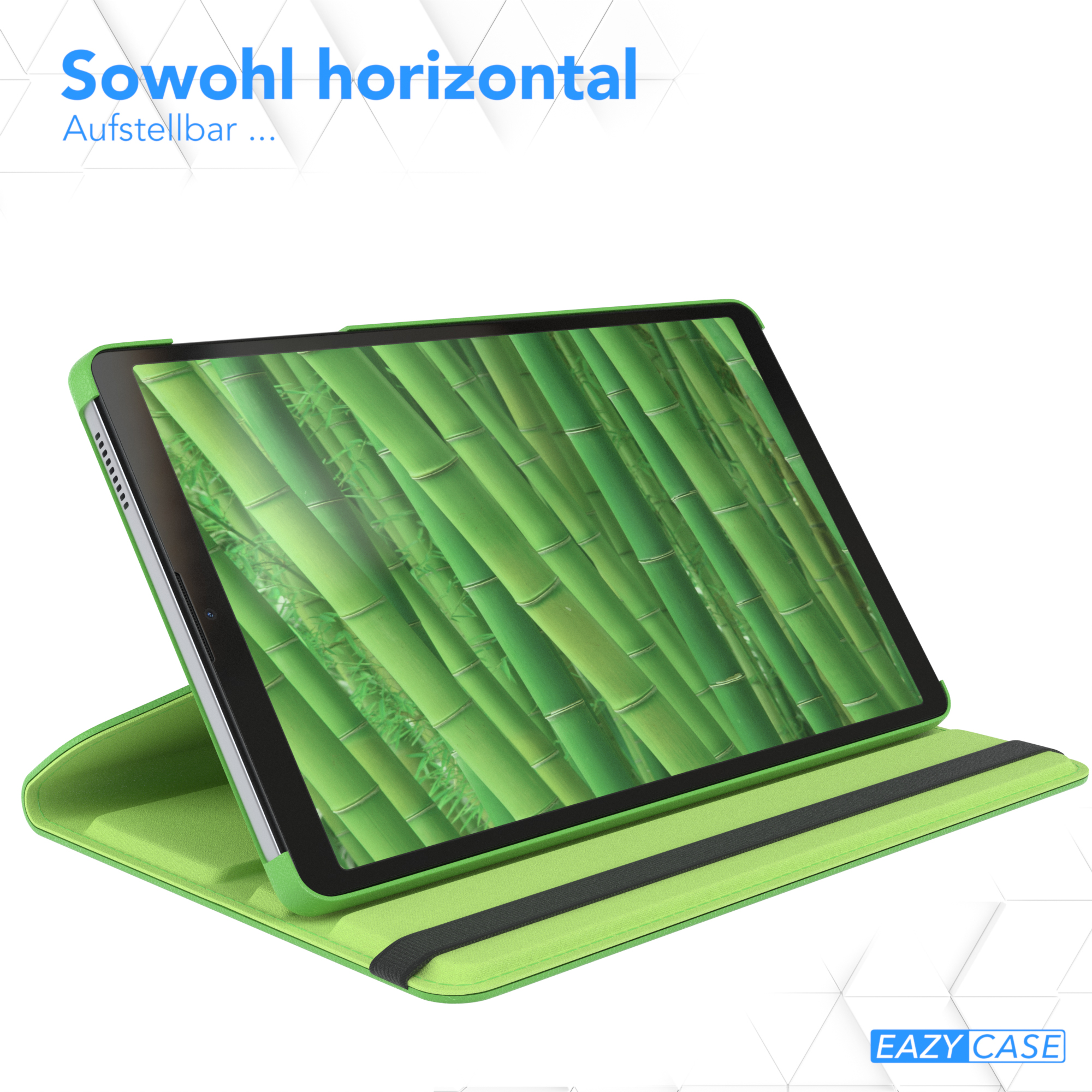 Tablet-Bildschirm mit grünem Bambuswald-Bild, in grünem Gehäuse, Text auf Deutsch.