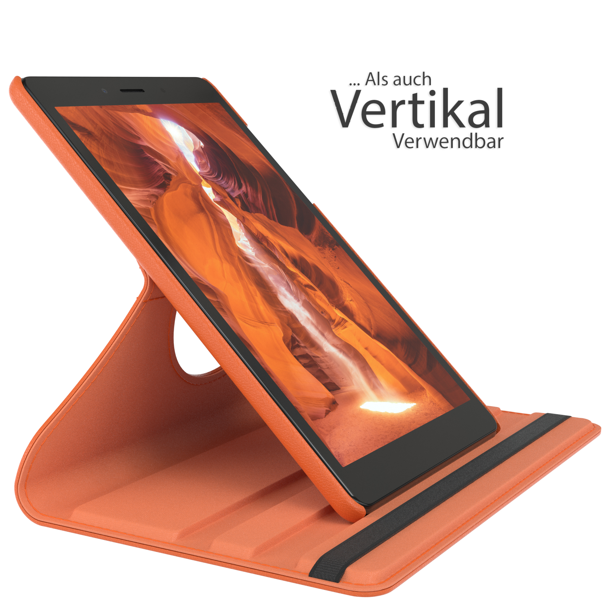 Orange Tablethülle mit Tablet und Ständer.