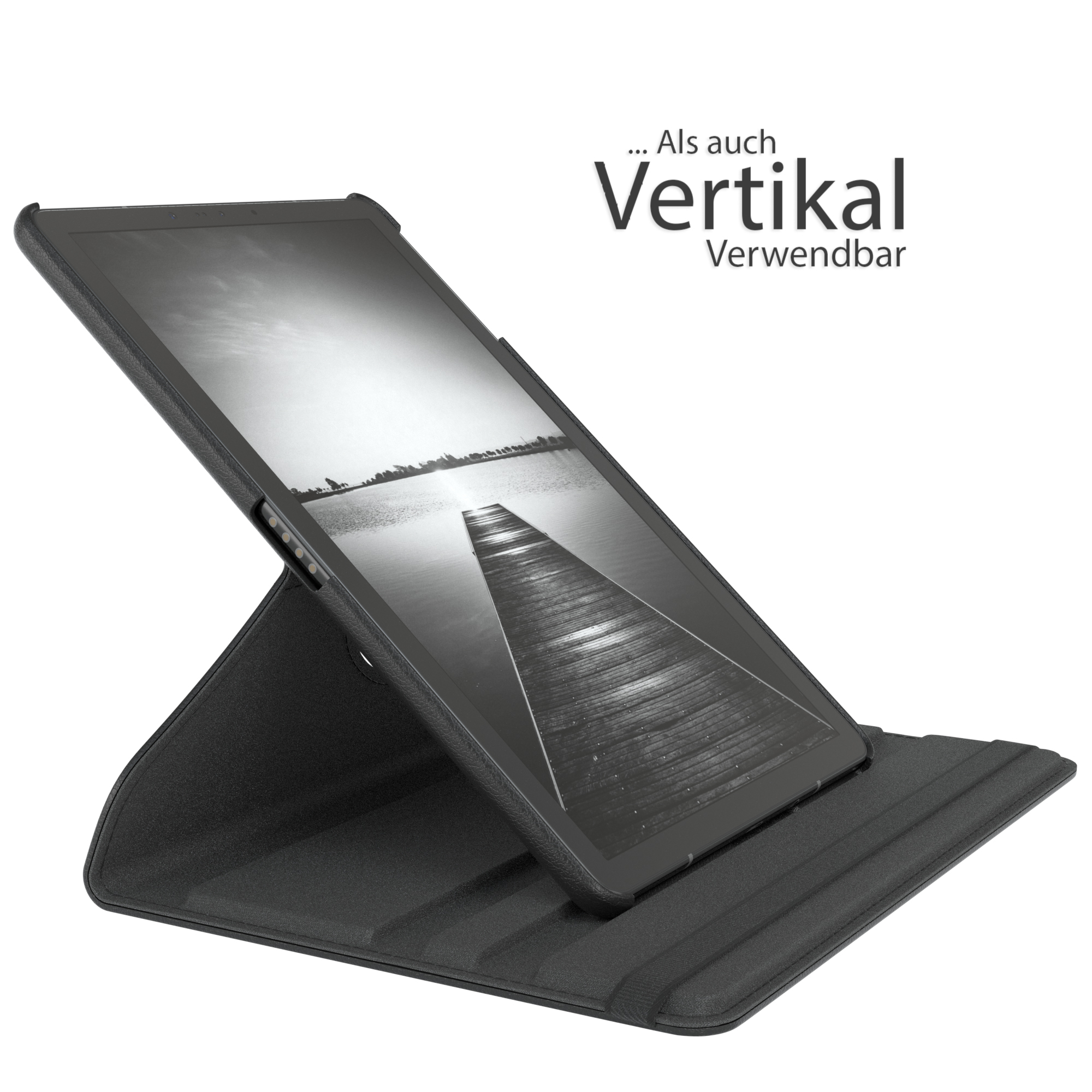 Tablet in einem Gehäuse aufgestellt. Der Bildschirm zeigt einen Holzsteg. Das Gehäuse ist schwarz.
