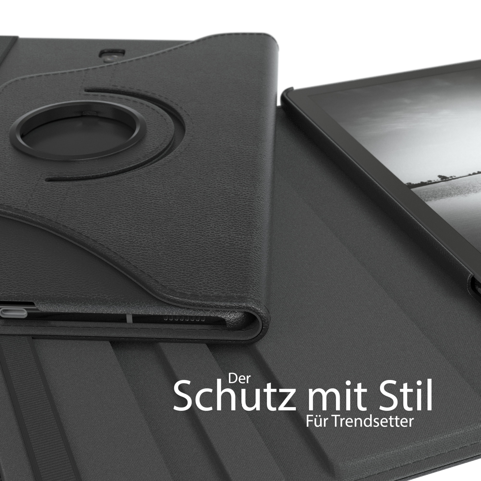 Schwarze Tablethülle mit Tablet. Text: Der Schutz mit Stil. Logo: EAZY CASE.