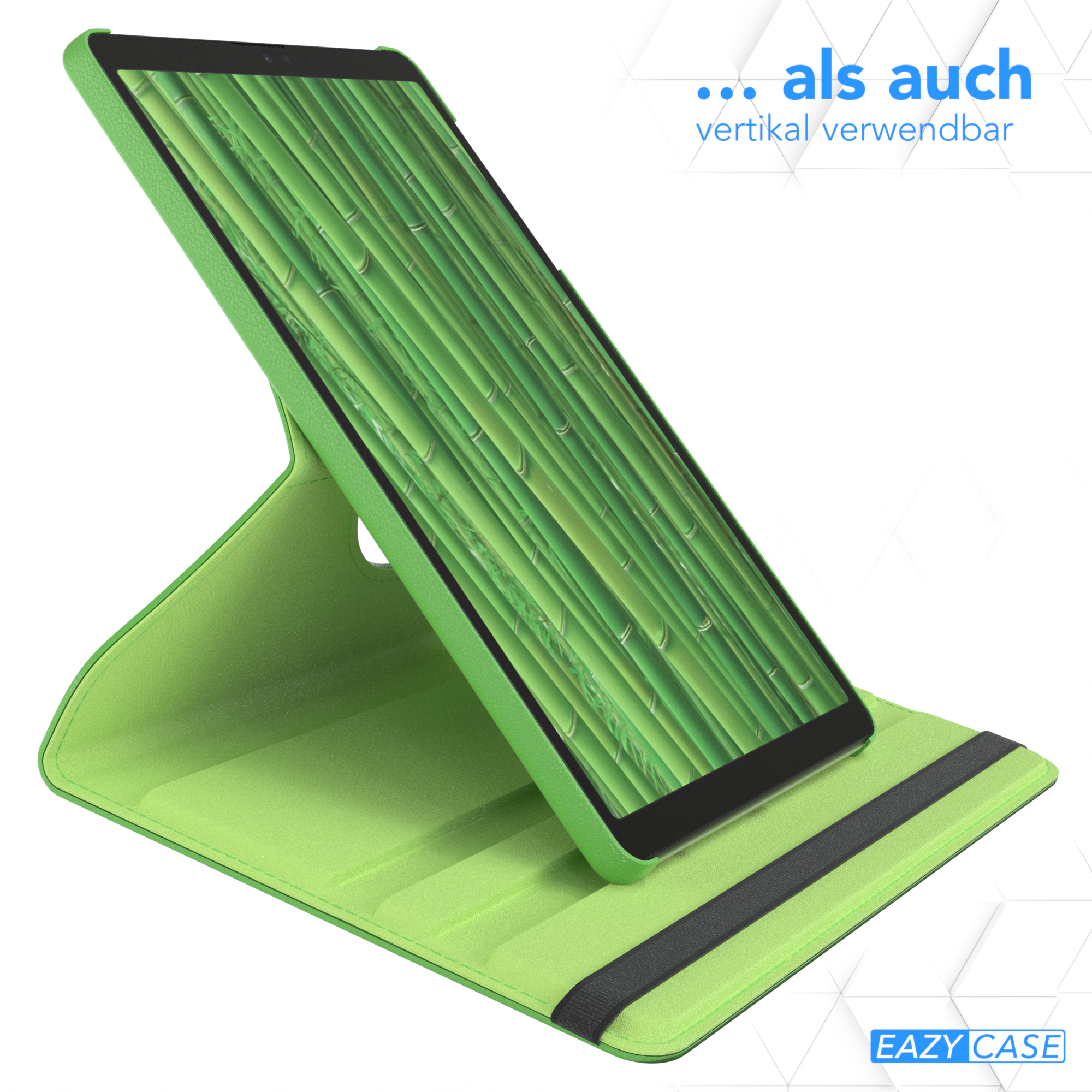 Ein grünes Tablet in grüner Hülle, auf einem Ständer aufgestellt. Text: '... auch vertikal verwendbar'.