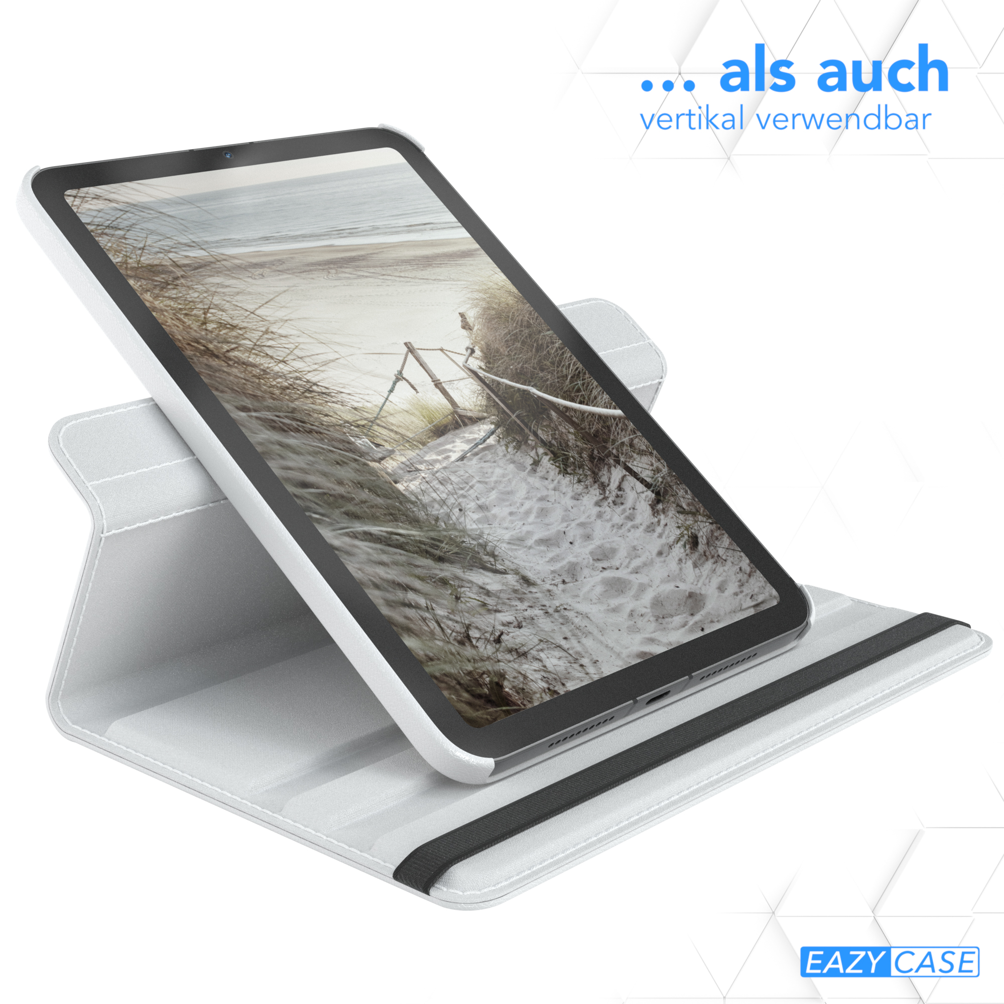 Weißes Tablet in weißer Hülle, vertikal dargestellt. Text besagt, dass es auch vertikal verwendbar ist.