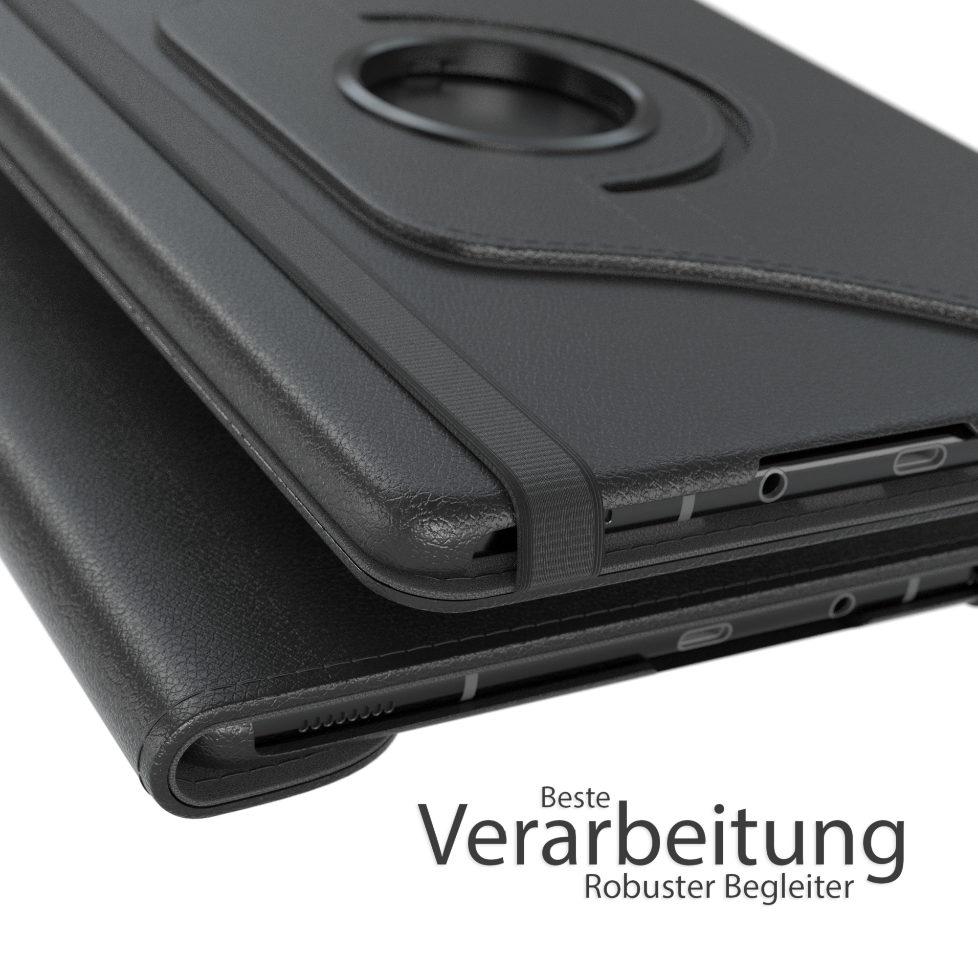 Schwarze Tablet-Hülle, lederartige Textur, Gummiband und ein Drehkranz. Hintergrund: weiße Oberfläche.