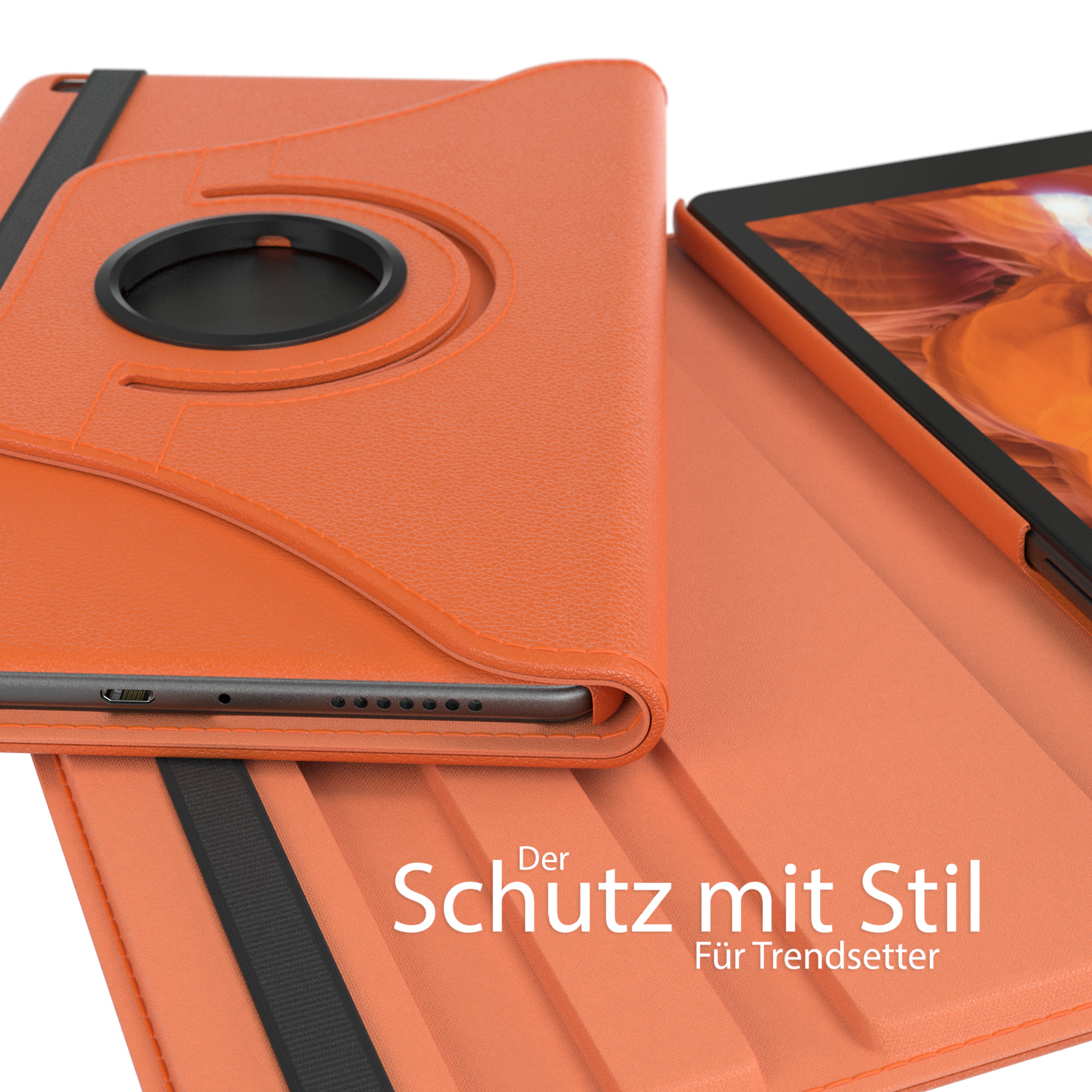 Eine orange Tablet-Hülle offen, mit einem Tablet darin. Text: "Der Schutz mit Stil".