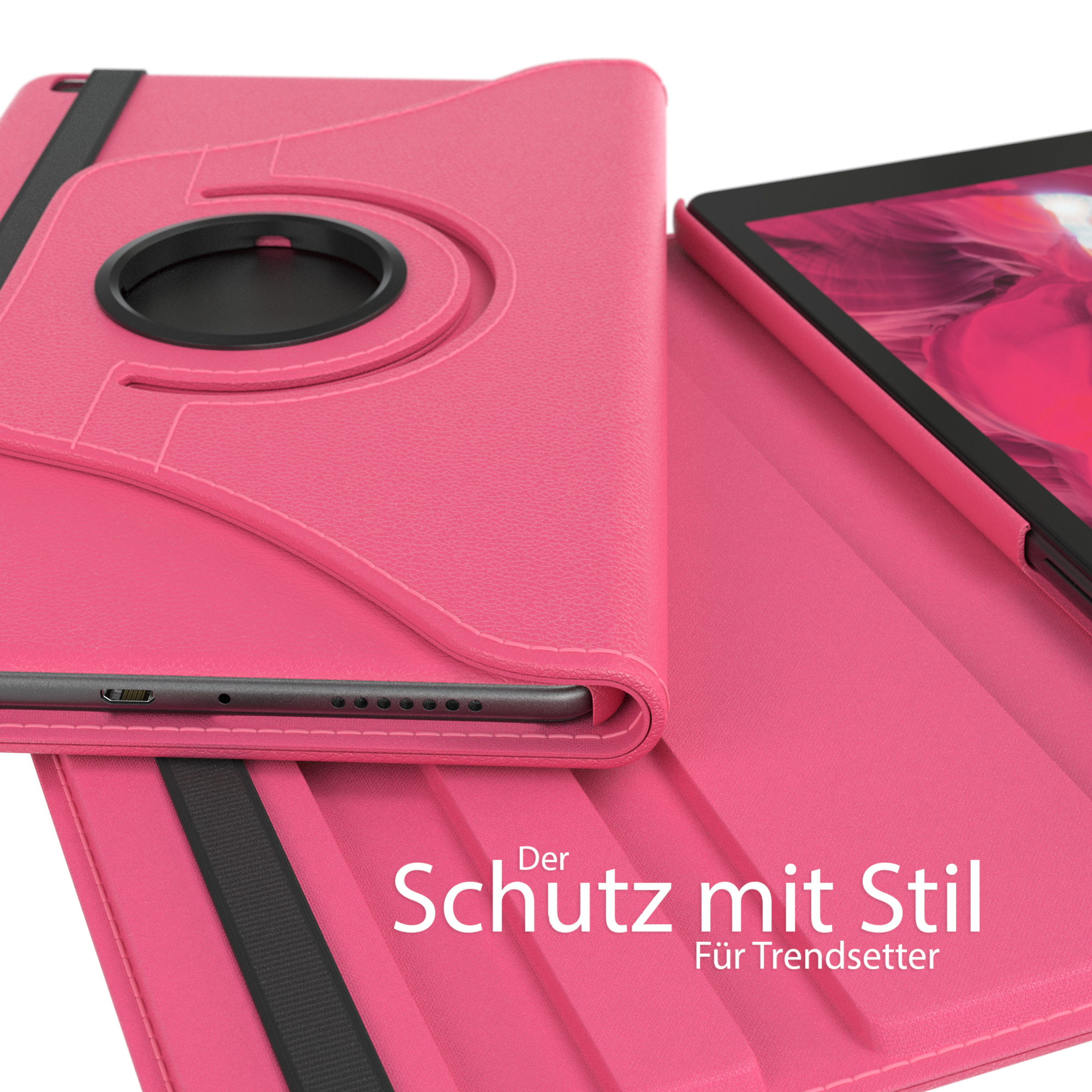 Rosa Tablethülle mit schwarzem Drehring und schwarzem Gummiband, weißer Hintergrund.