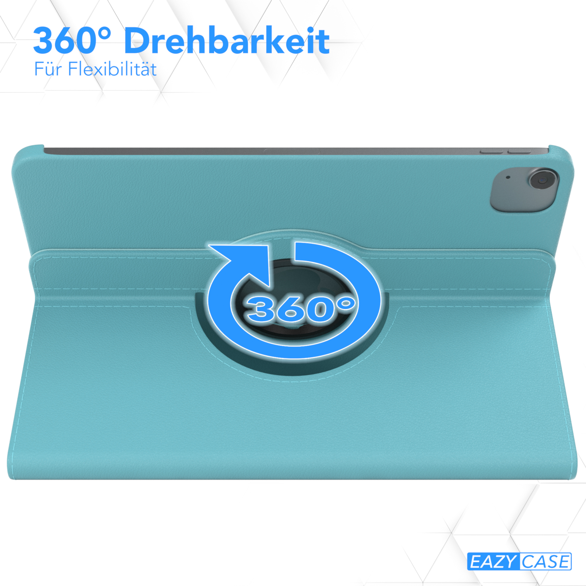 Türkisfarbene Tablethülle mit 360°-Drehfunktion, mit blauem Pfeilsymbol und EAZY CASE Logo.