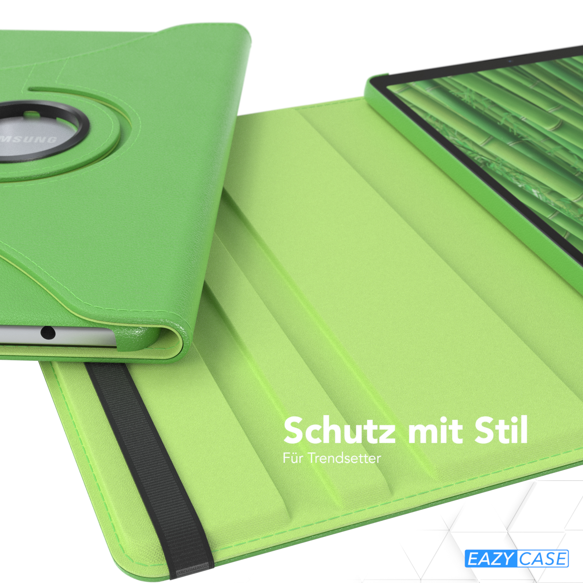 Grünes Tablet-Case, geöffnet auf einem Tisch mit grünem Innenraum. Text: Schutz mit Stil.