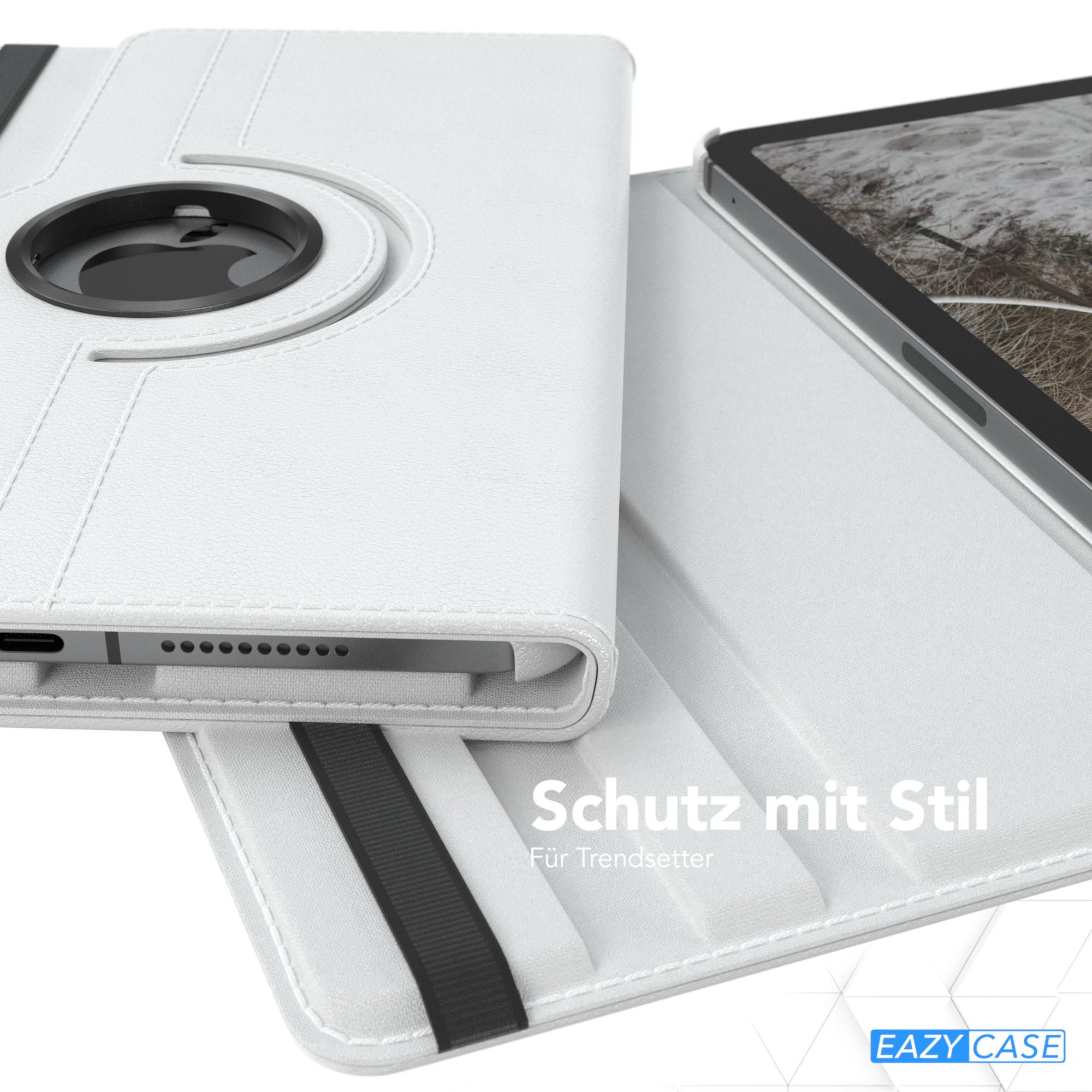Weißes Tablet-Case, geöffnet auf einem Tisch. Das Tablet ist sichtbar. Text: Schutz mit Stil.