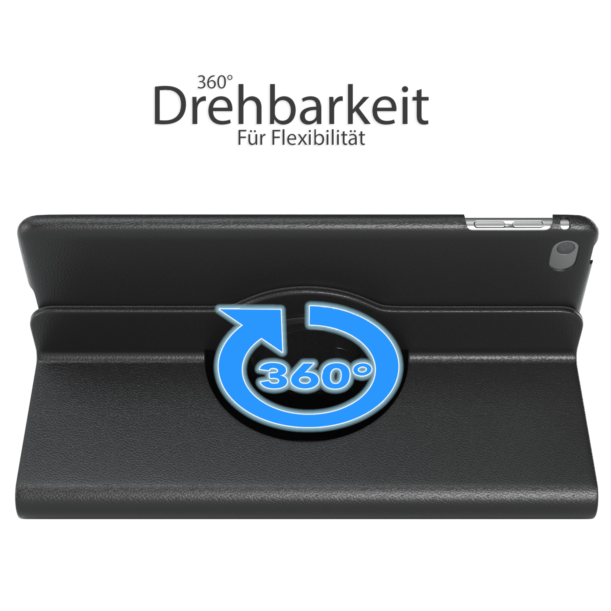 Schwarzer Tablet-Ständer mit 360-Grad-Drehung, mit Text 'Drehbarkeit Für Flexibilität'.