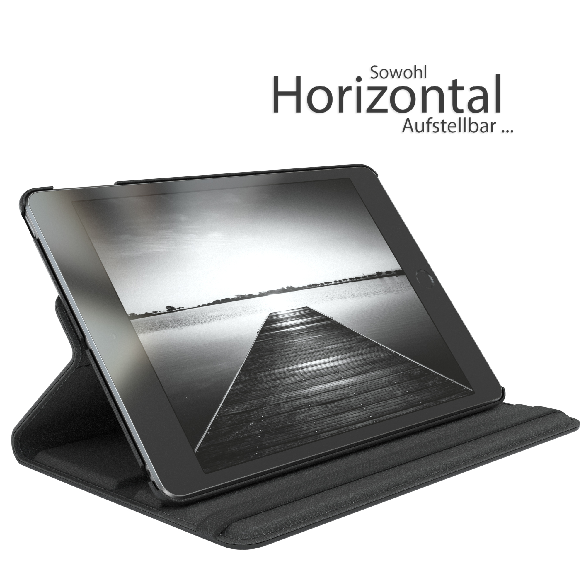 Tablet in schwarzer Hülle, gekippt. Landschaftsbild auf dem Bildschirm.