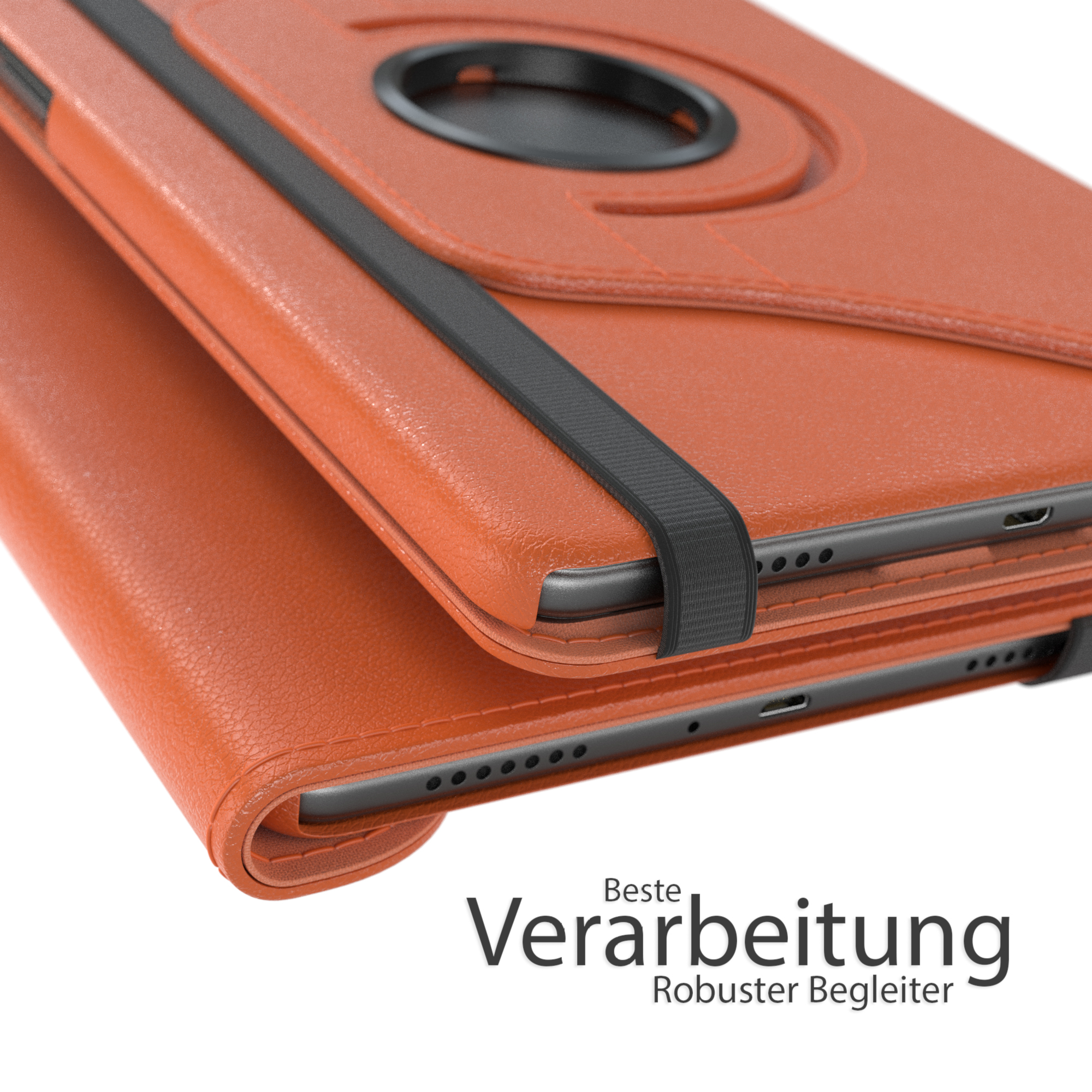 Tablet in einer orangefarbenen Hülle. Der Text lautet 'Beste Verarbeitung' auf Deutsch.
