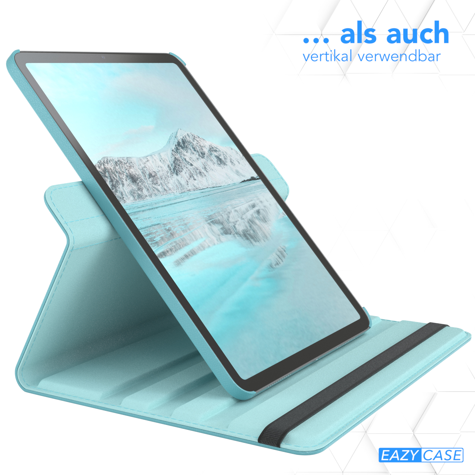 Tablet in blauer Hülle, aufrecht stehend.