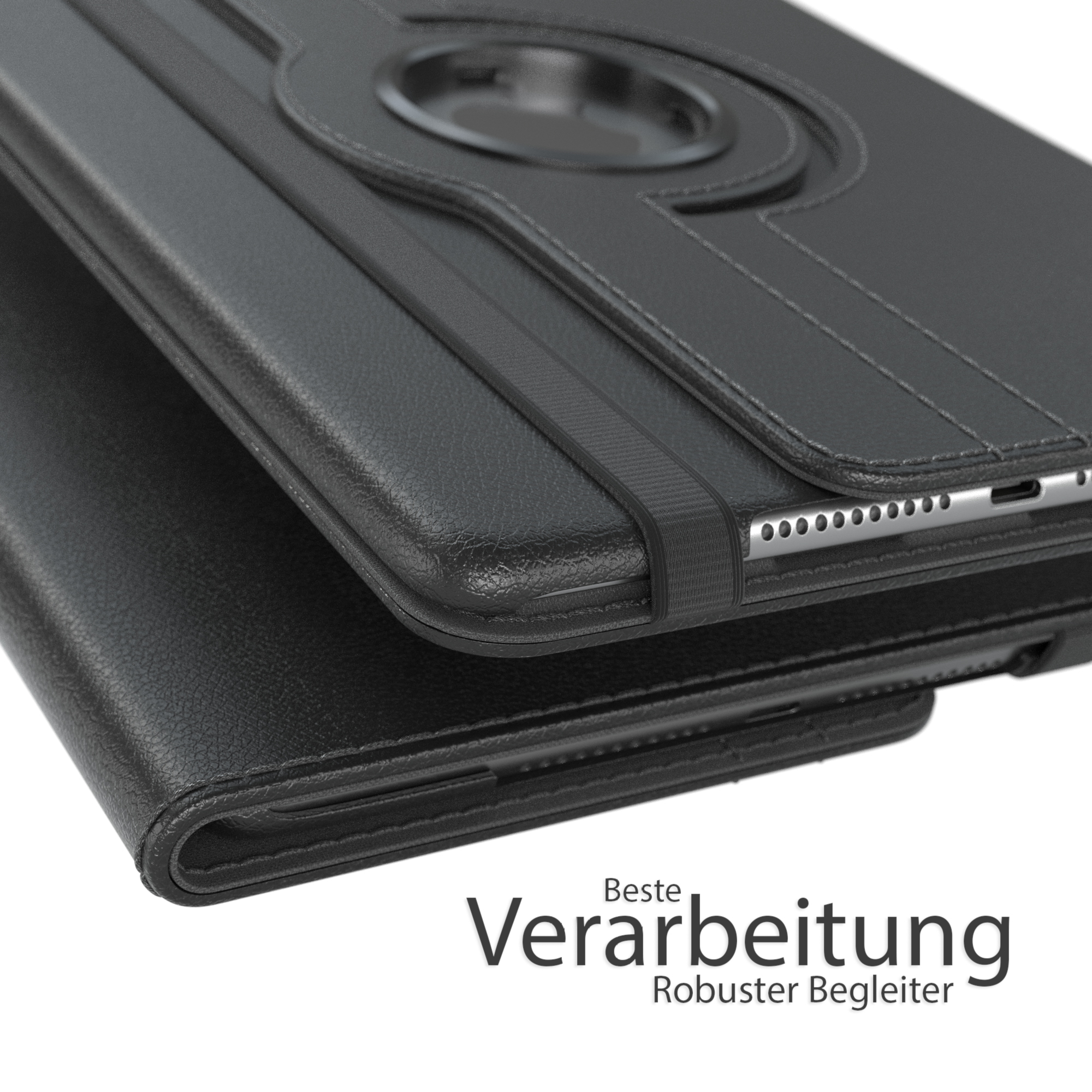 Schwarze Leder-Tablett-Hülle, geschlossen und geöffnet, mit Text 'Beste Verarbeitung'.