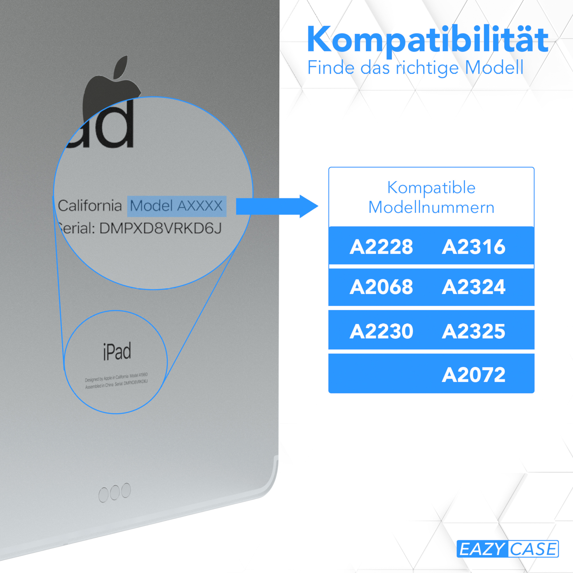 iPad mit Apple-Logo und Kompatibilitätsinformationen. Blauer Hintergrund.