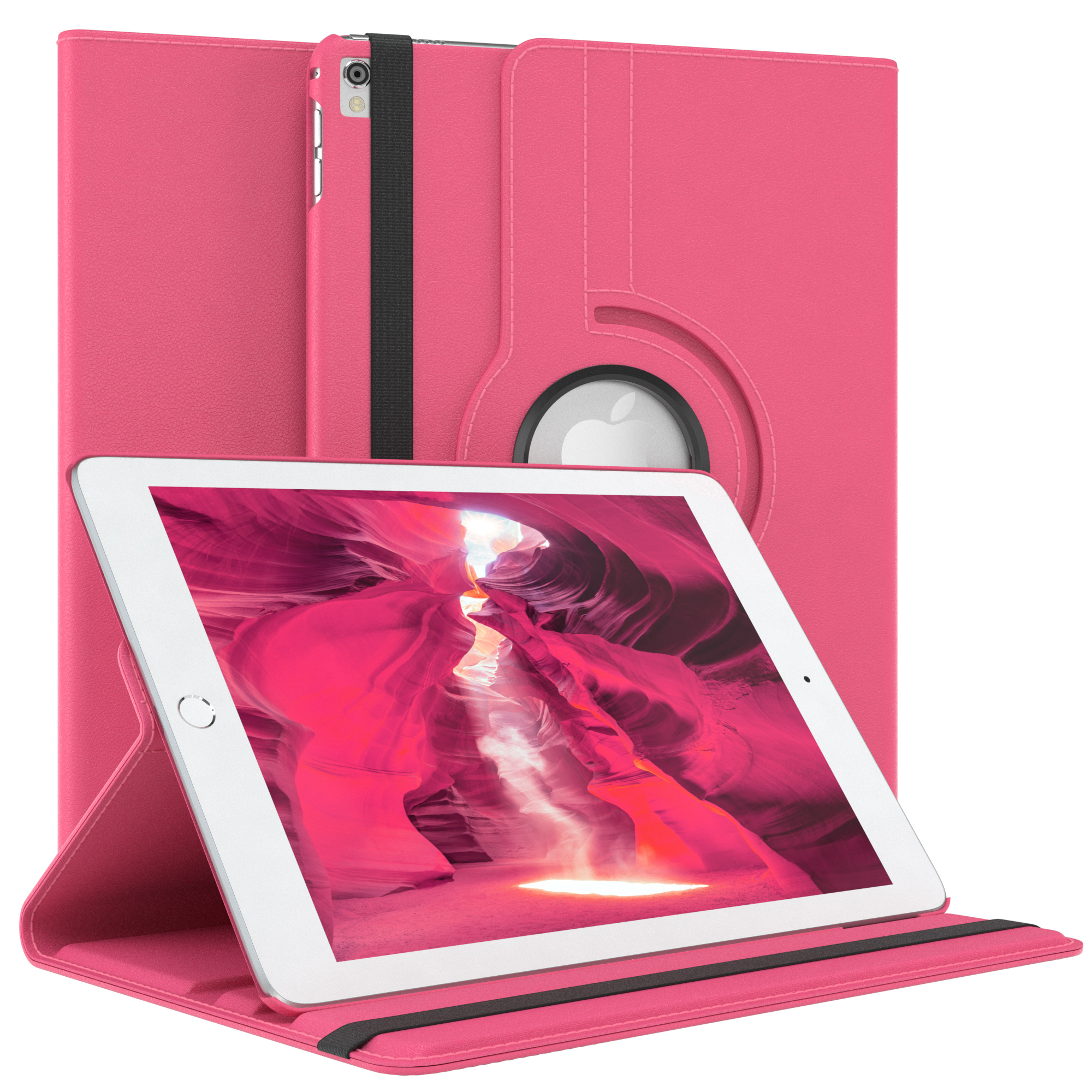 Rosa Tablet in rosa Hülle, offen. Hülle mit Ständer, Tablet zeigt rotes Canyonbild, Stift.