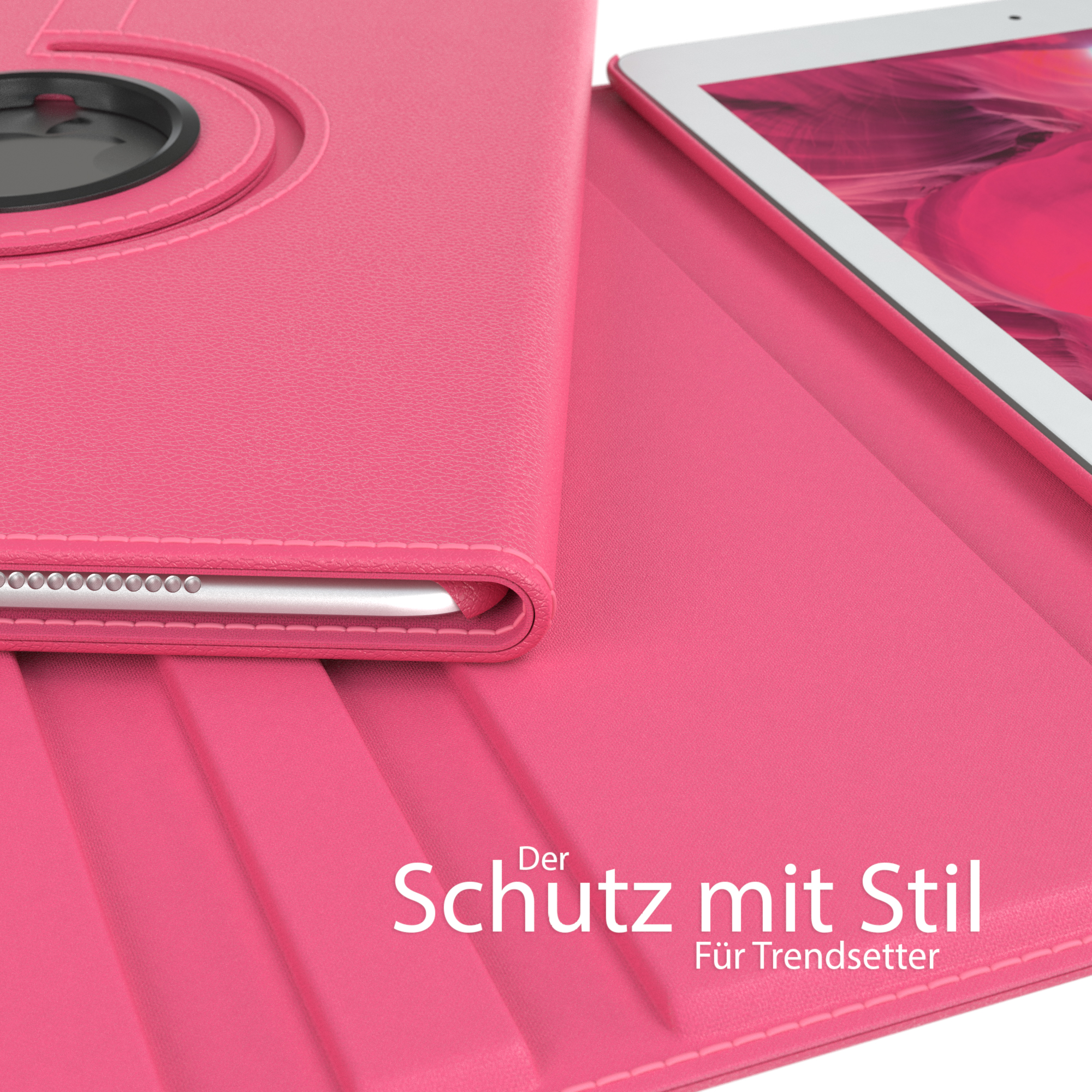 Rosa Tablethülle, teilweise geöffnet, Tablet sichtbar. Nahaufnahme, Text unten. Die Hülle ist rosa.