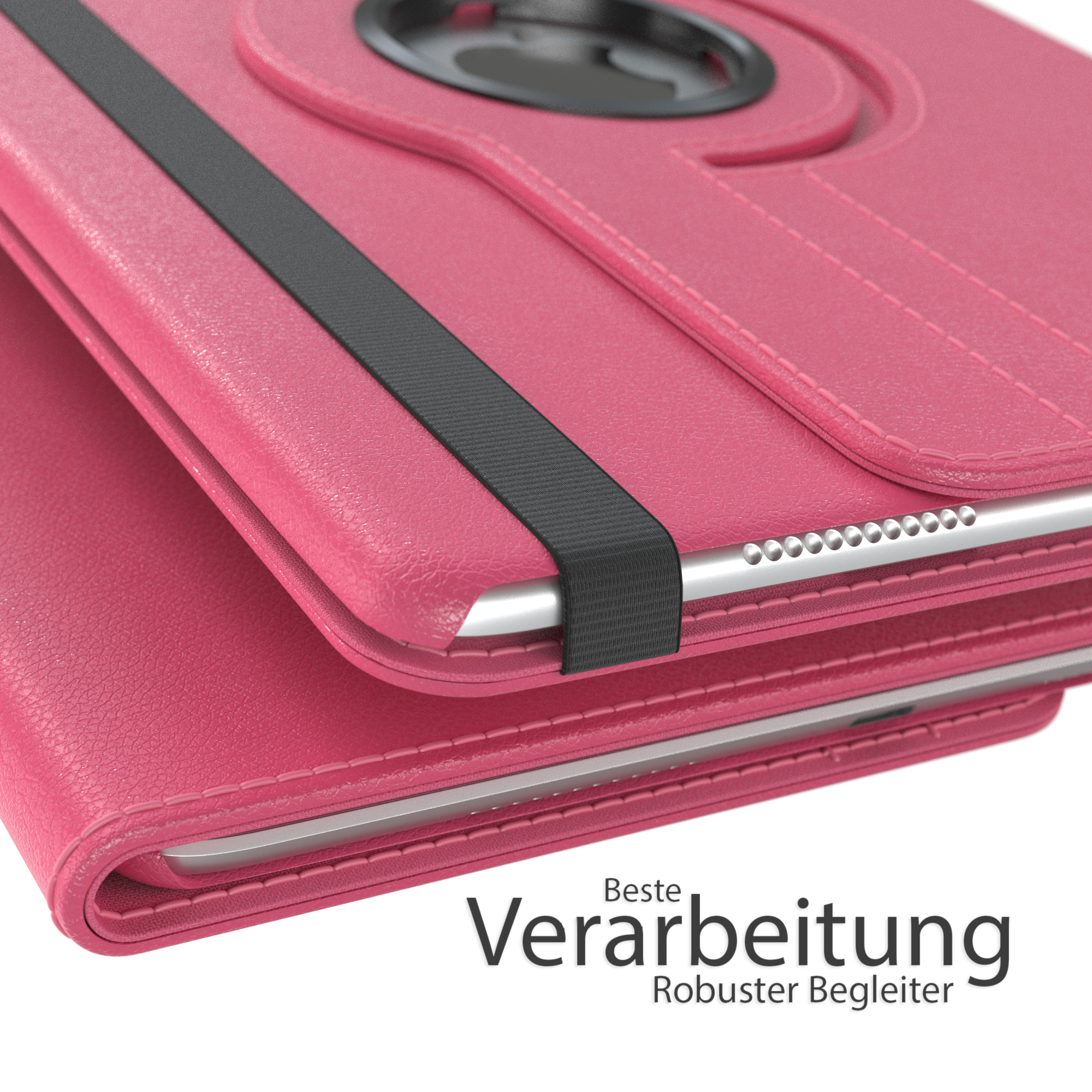 Nahaufnahme einer pinkfarbenen Tablethülle mit deutschem Text.