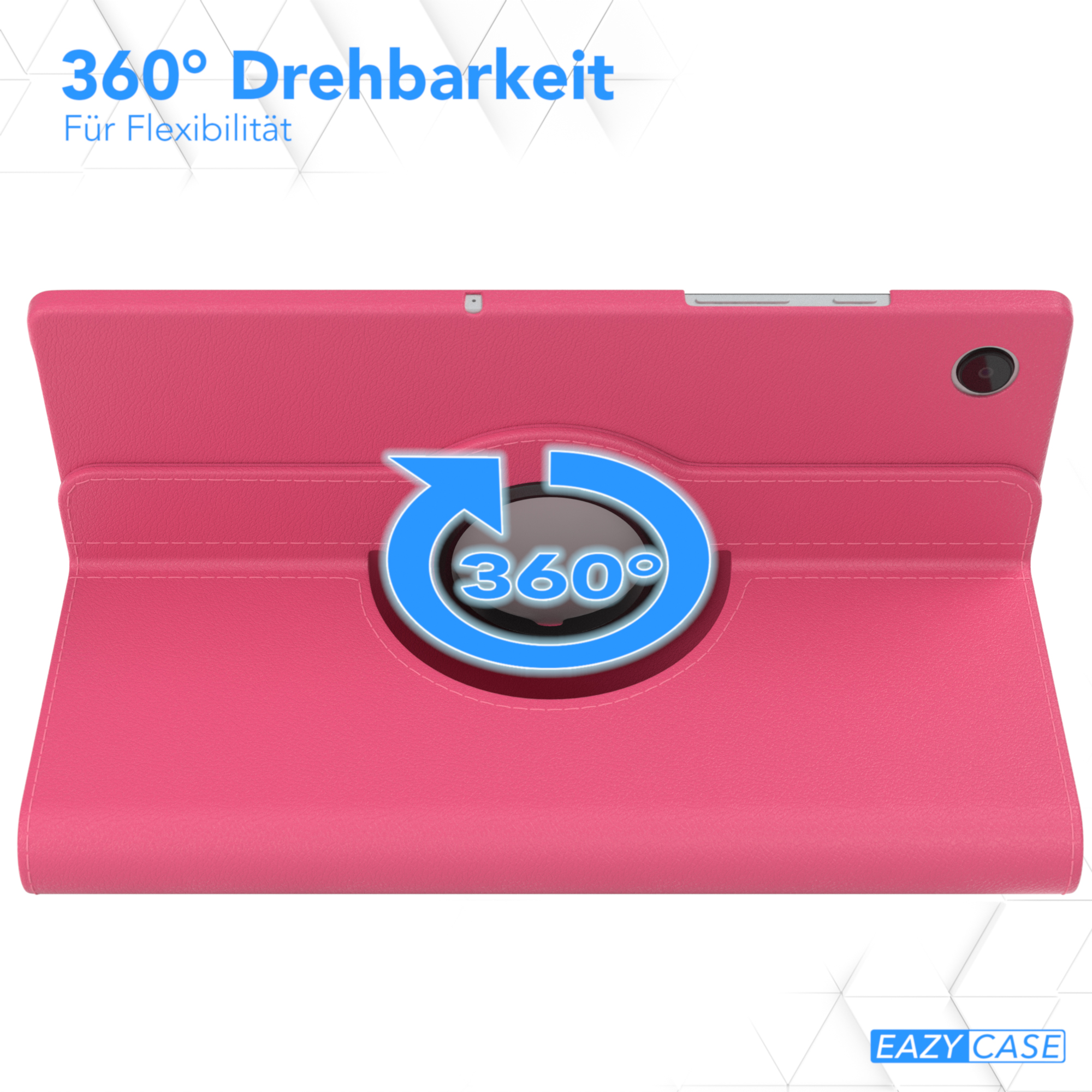 Rosa Tablet-Hülle, offen, mit 360°-Drehsymbol. Text: 360° Drehbarkeit für Flexibilität.