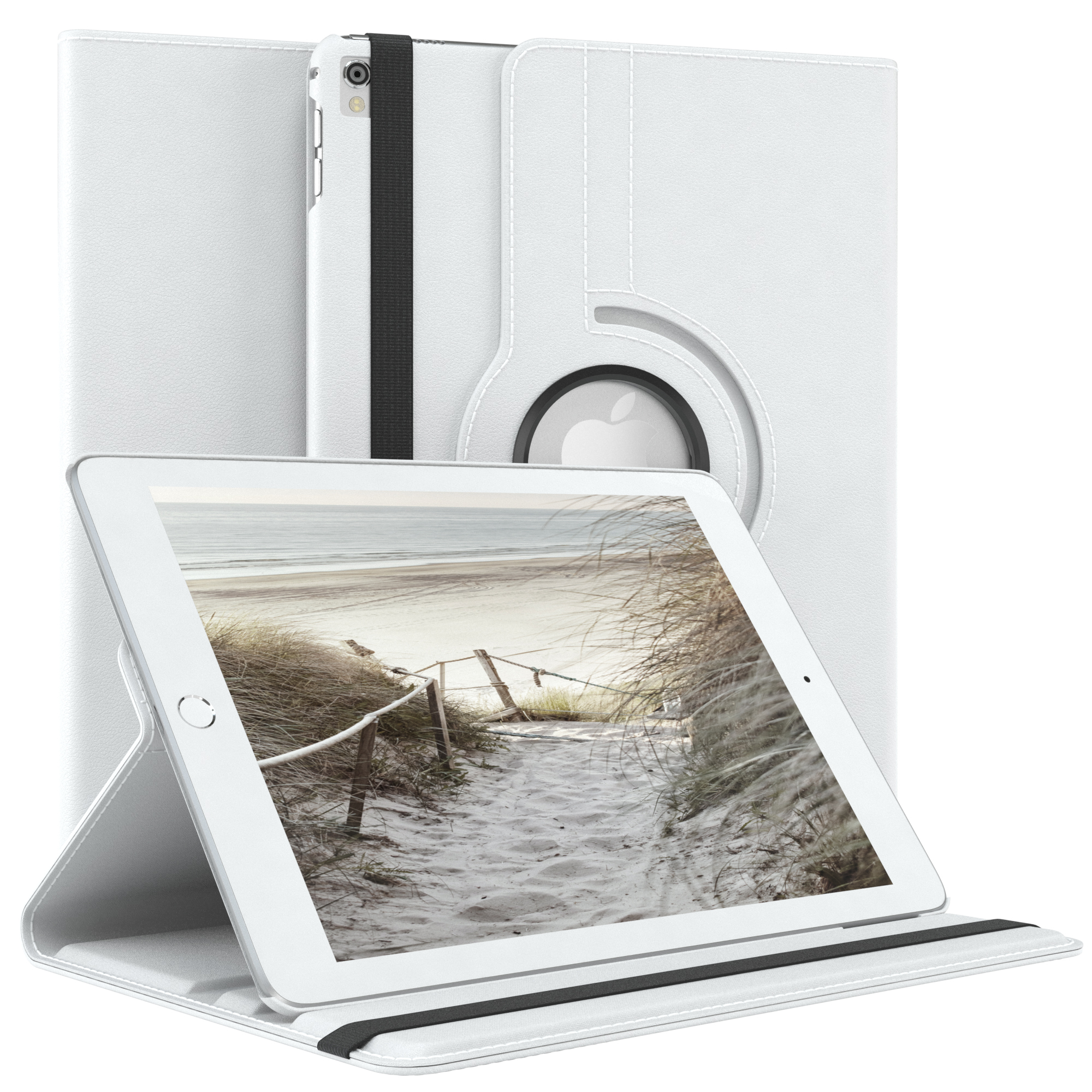 Weiße Tablethülle mit Tablet, zeigt eine Strandszene.