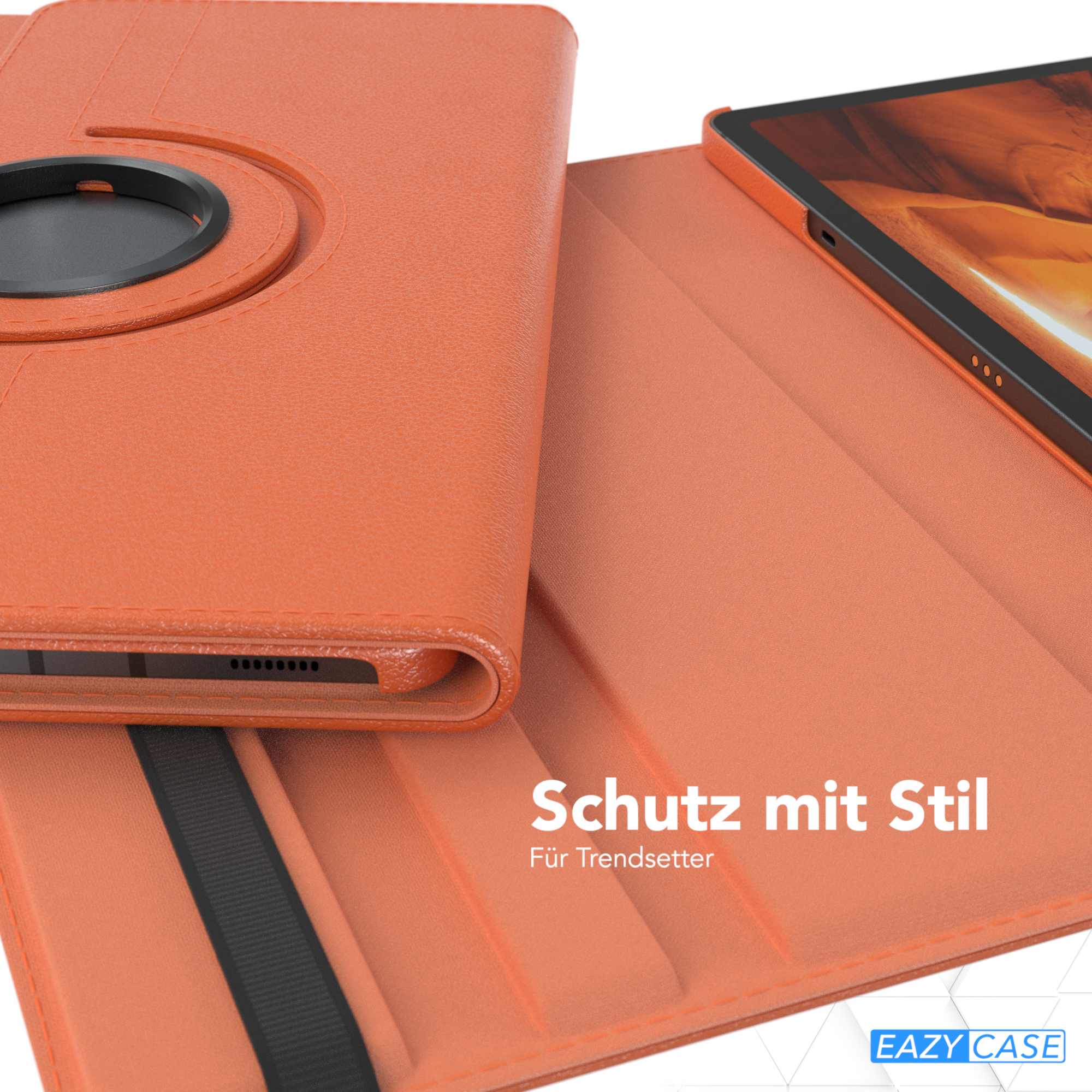 Eine orangefarbene Tablethülle, geöffnet, um das Tablet zu zeigen. Schwarzer Riemen und runder Halter.