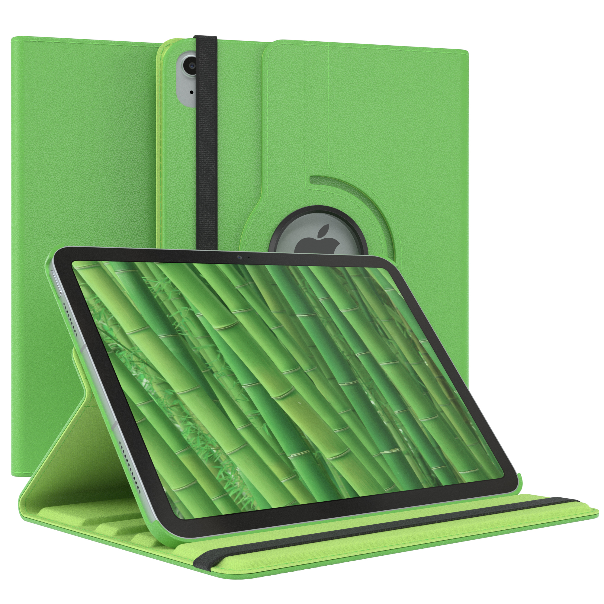 Grünes Tablet in grüner Hülle. Das Tablet zeigt grüne Bambusstängel.