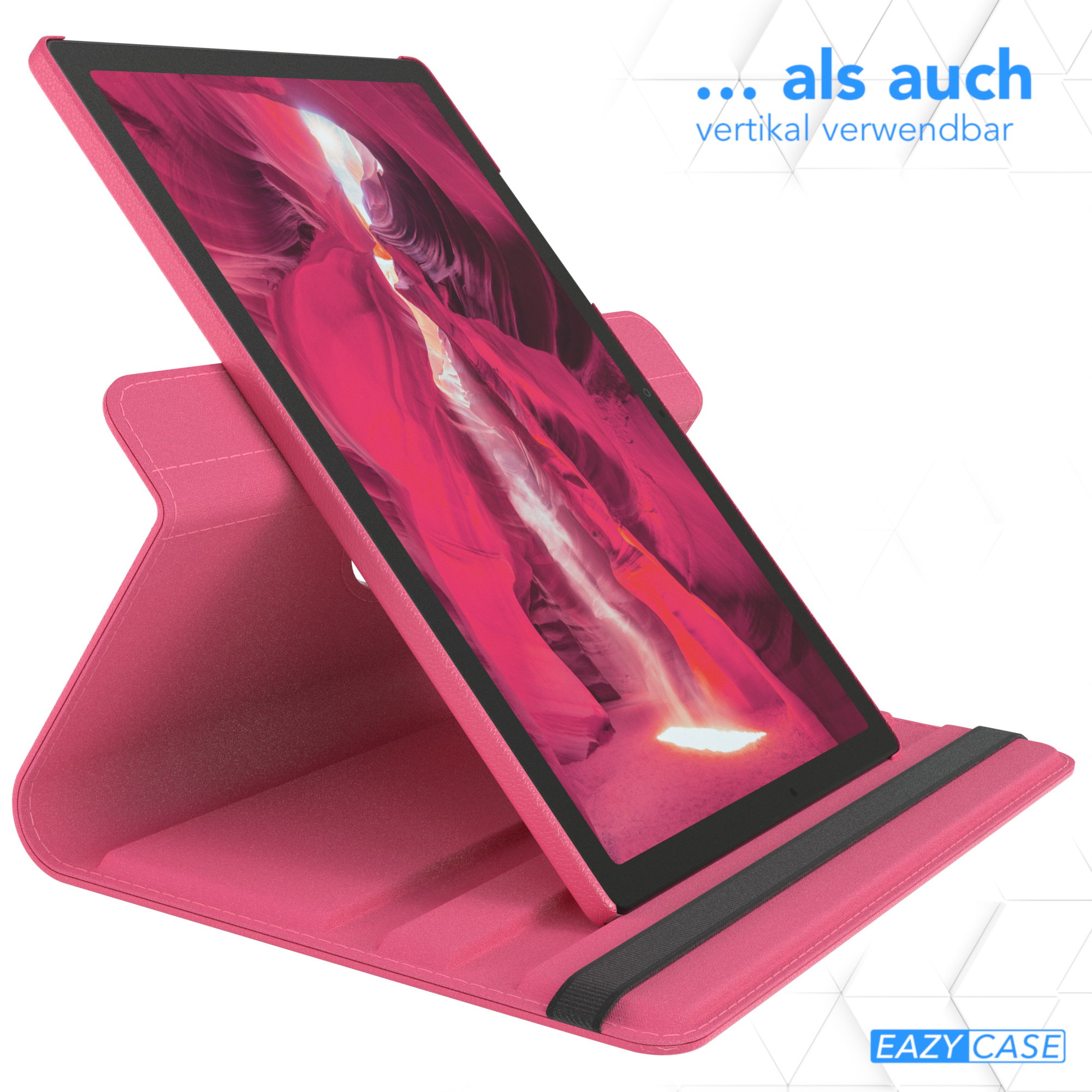 Tablet in pinker Hülle, vertikal stehend.