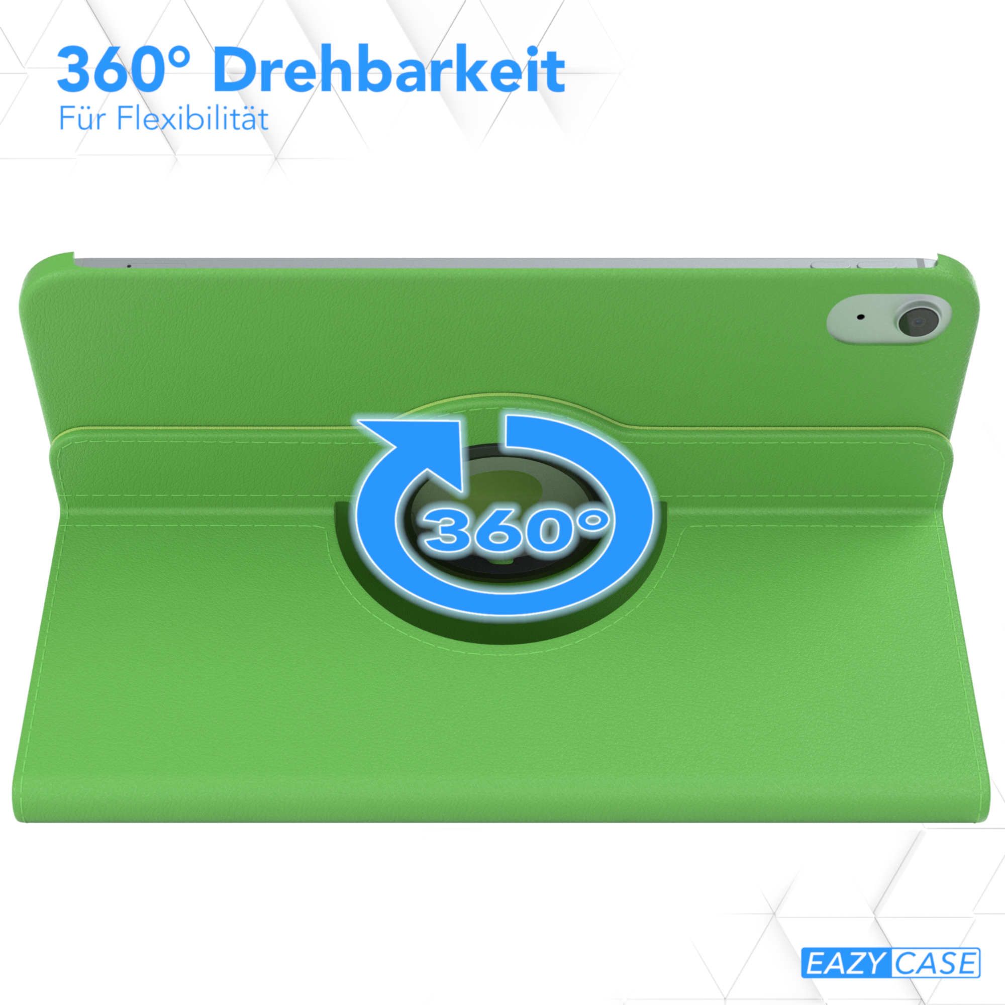 Grüne Tablet-Hülle mit einem 360-Grad-Drehsymbol. Die Hülle ist geöffnet und zeigt die Rückseite eines Tablets.