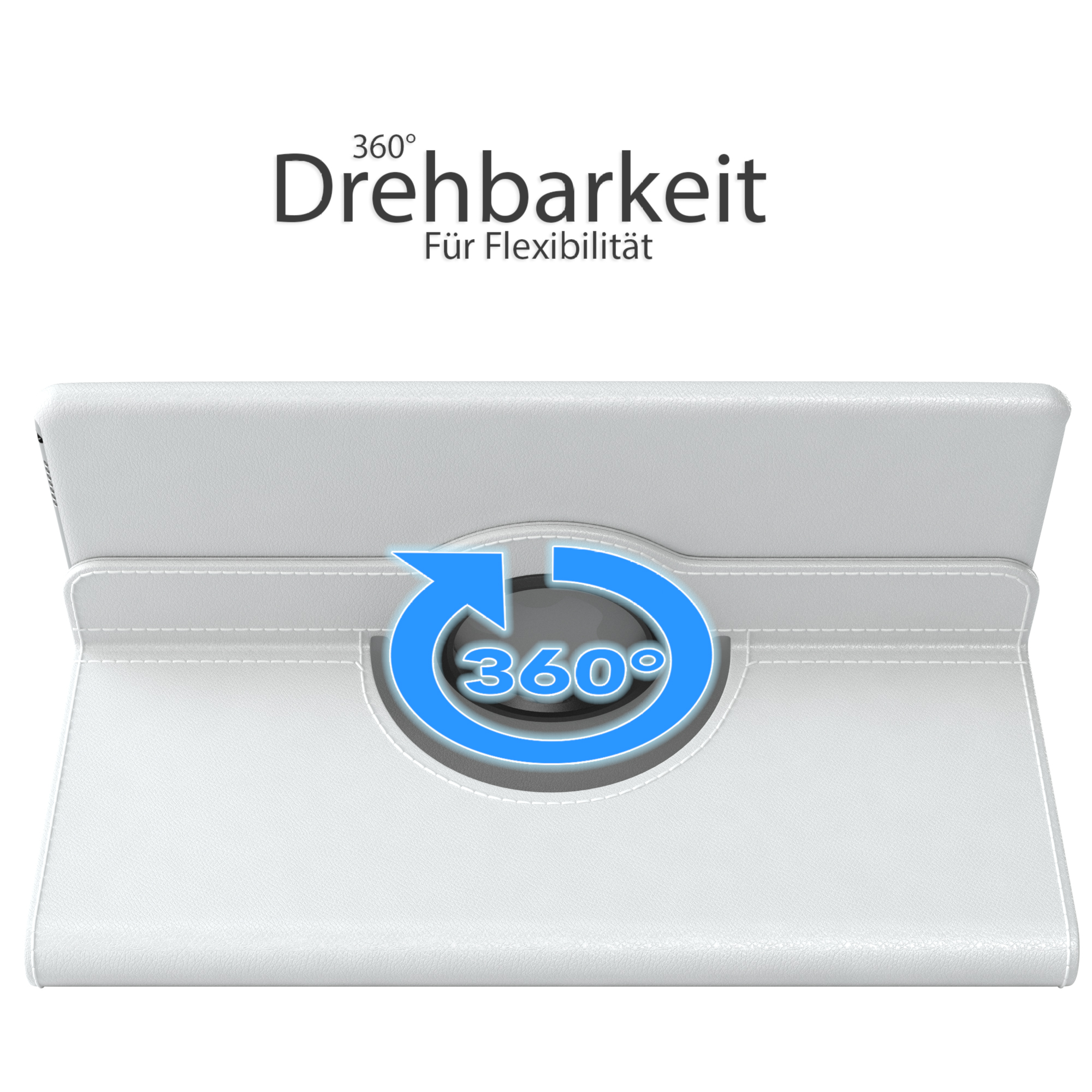 Geöffnete, weiße Tablet-Hülle mit Tablet und 360-Grad-Drehsymbol.
