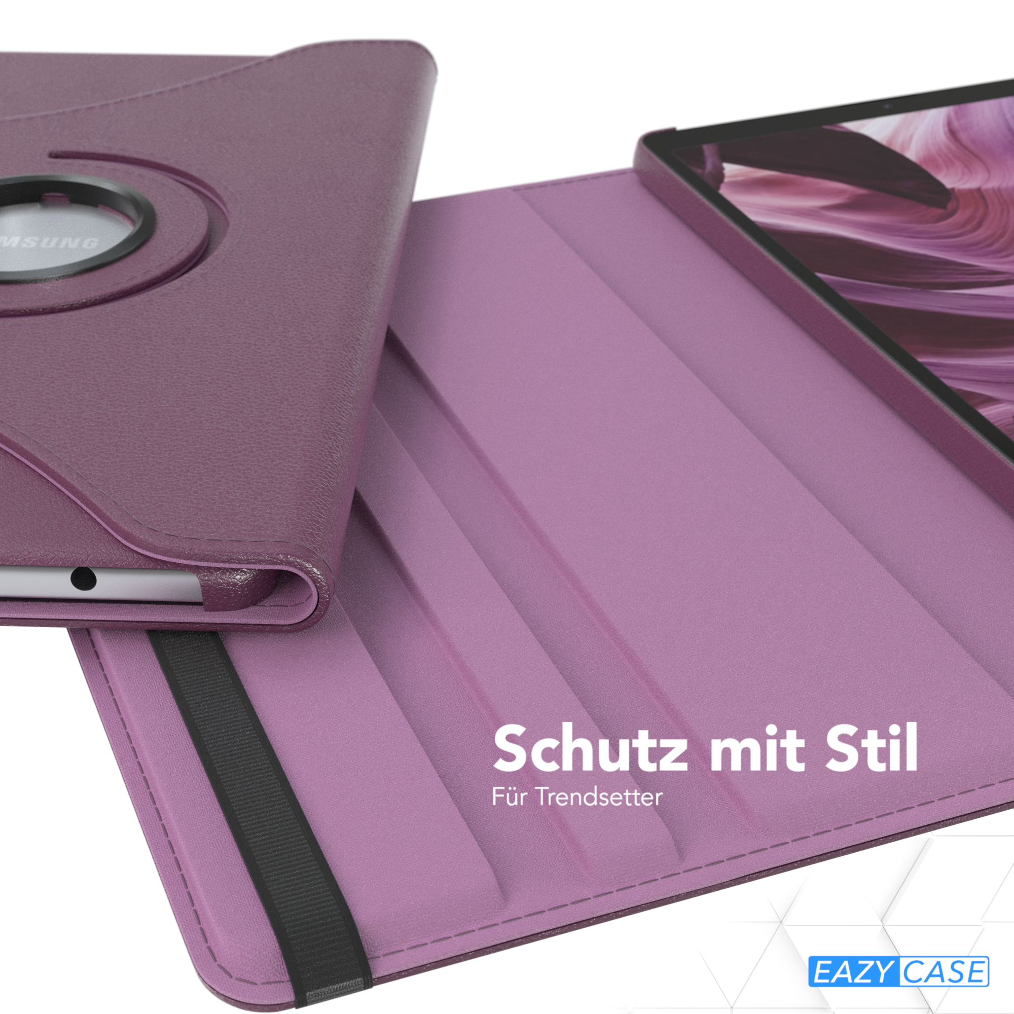 Lila iPad-Hülle mit 360-Grad-Drehfunktion, geöffnet. Der Hintergrund ist helllila.