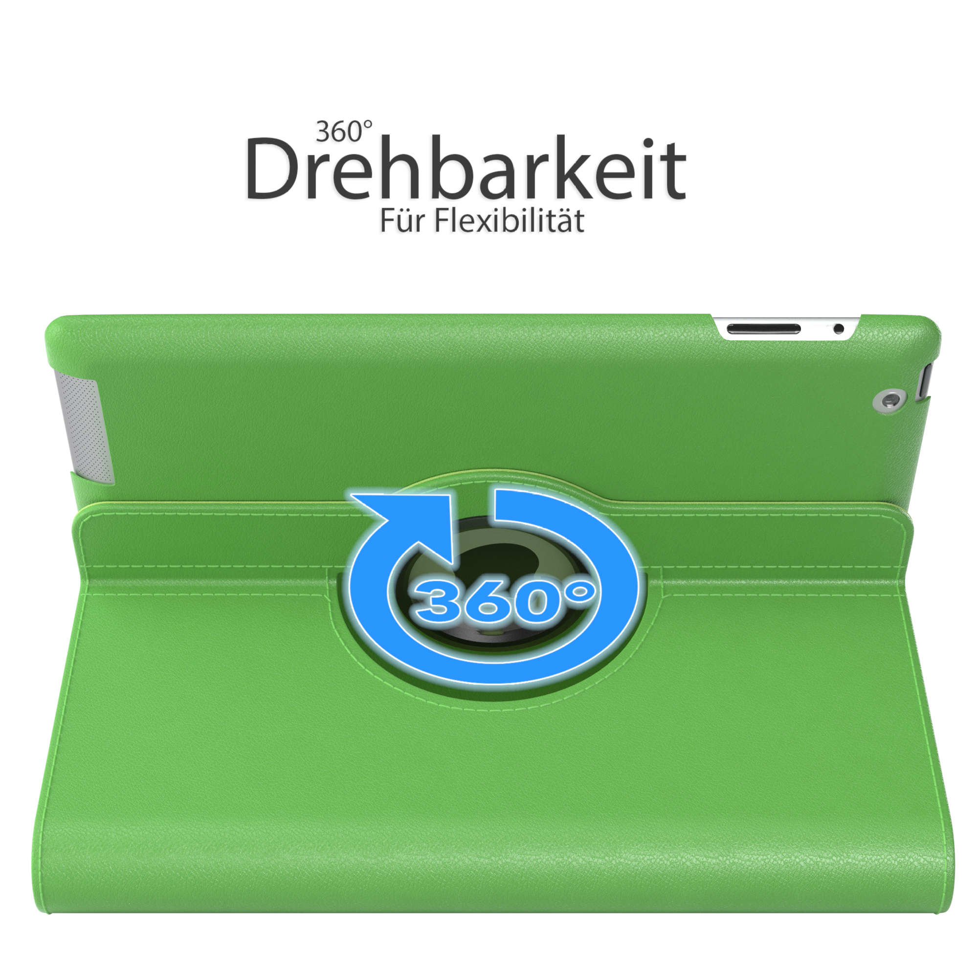 Grüne Tablet-Hülle mit 360°-Drehfunktion, auf weißer Oberfläche dargestellt.