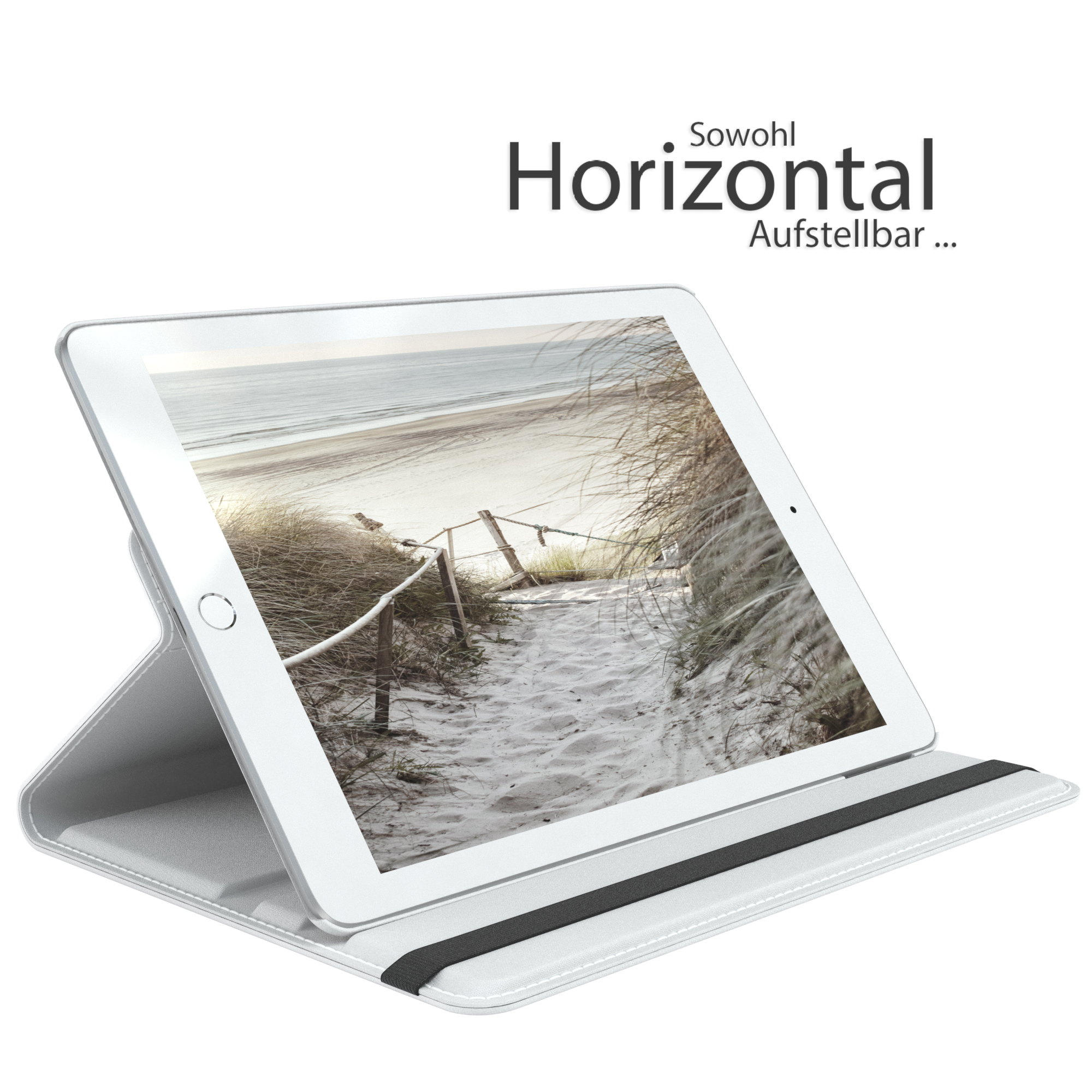 Tablet in weißer Hülle, abgewinkelt, zeigt Strandszene. Text: "Sowohl horizontal".