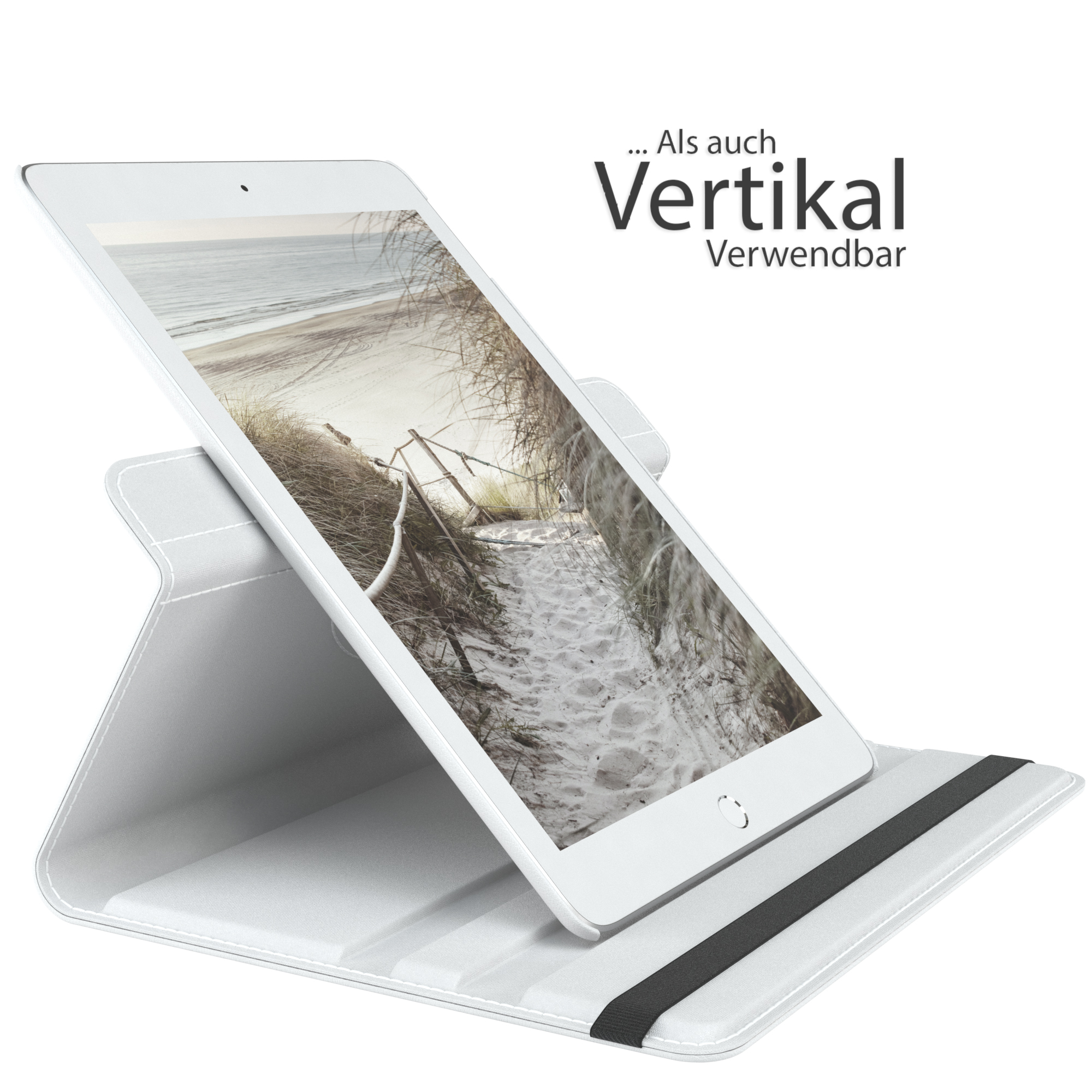 iPad in weißer Hülle, zeigt eine Strandszene. Text: Vertikal und Verwendbar.