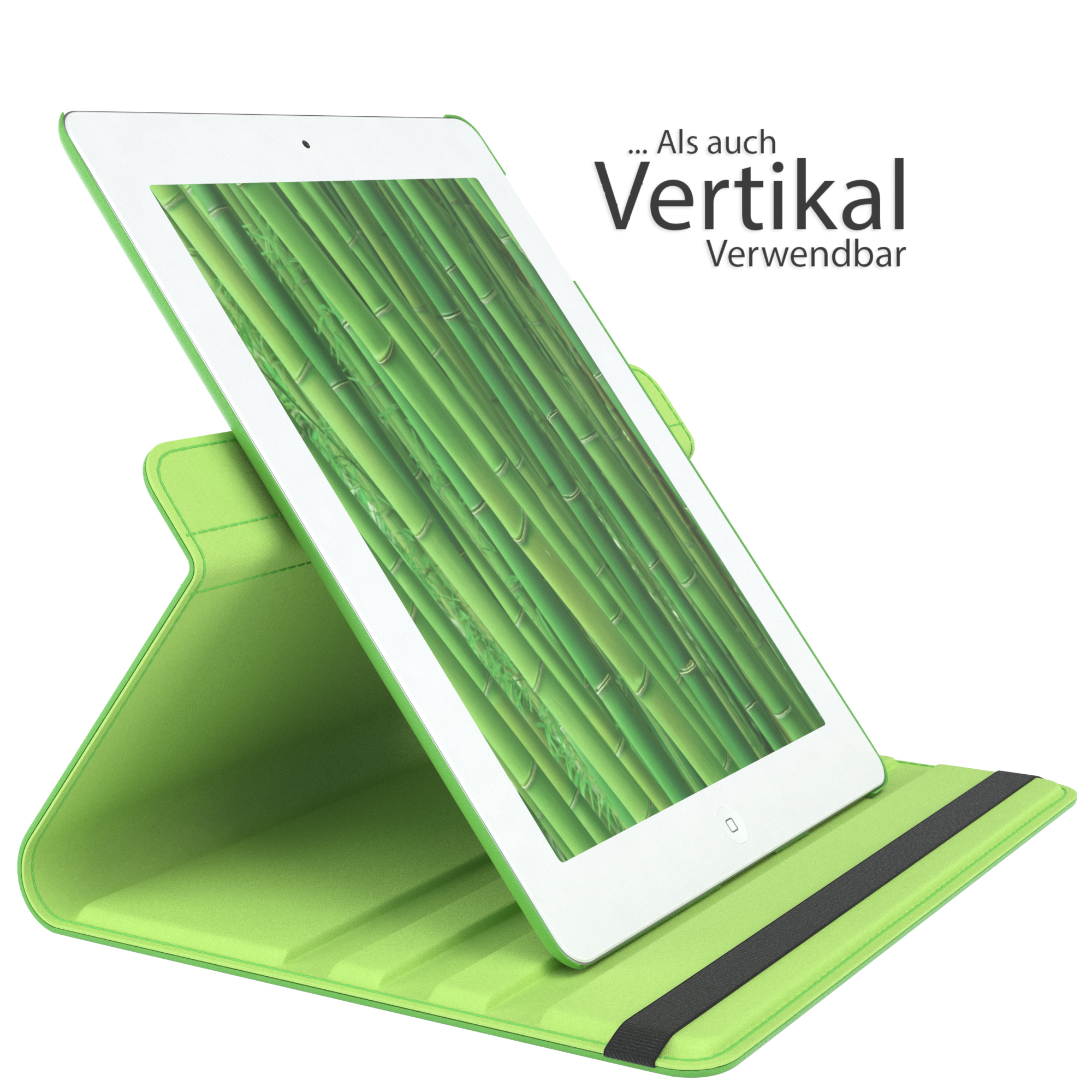 Grüne Tablethülle offen, Tablet innen. Schwarzes Gummiband. Bambushintergrund.