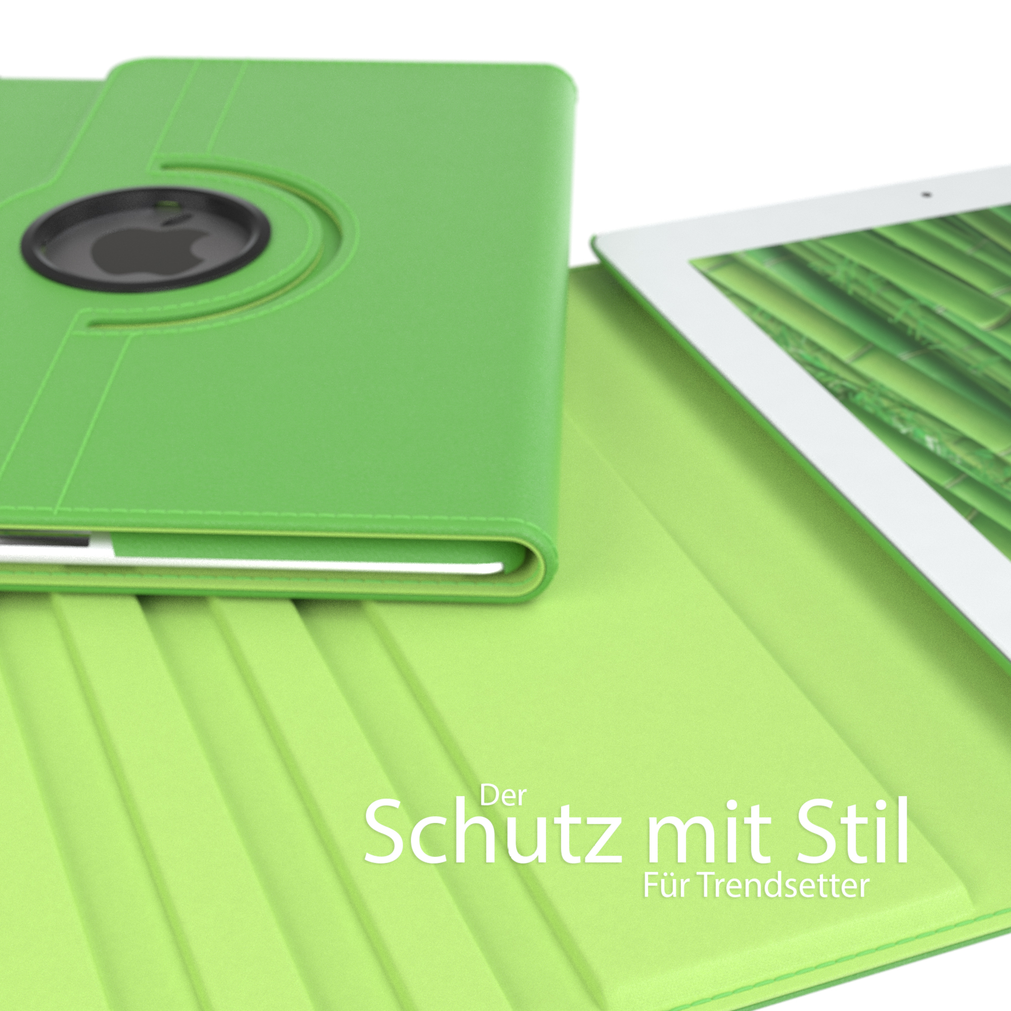 Grüne Tablet-Hülle geöffnet, mit grünem Innenraum und Tablet.
