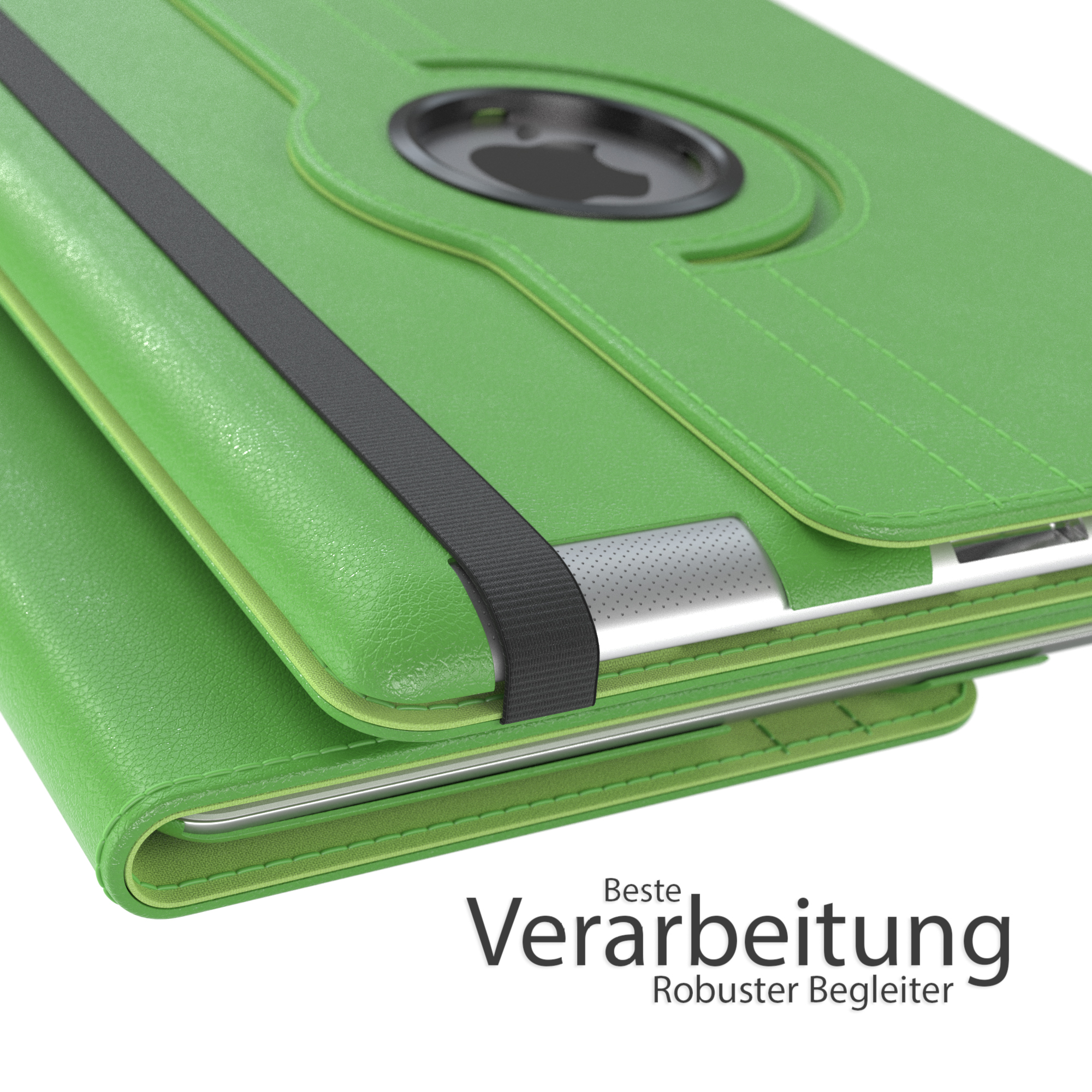 Eine grüne Tablethülle ist geöffnet. Das Tablet ist teilweise sichtbar. Die Hülle ist aus grünem Leder.