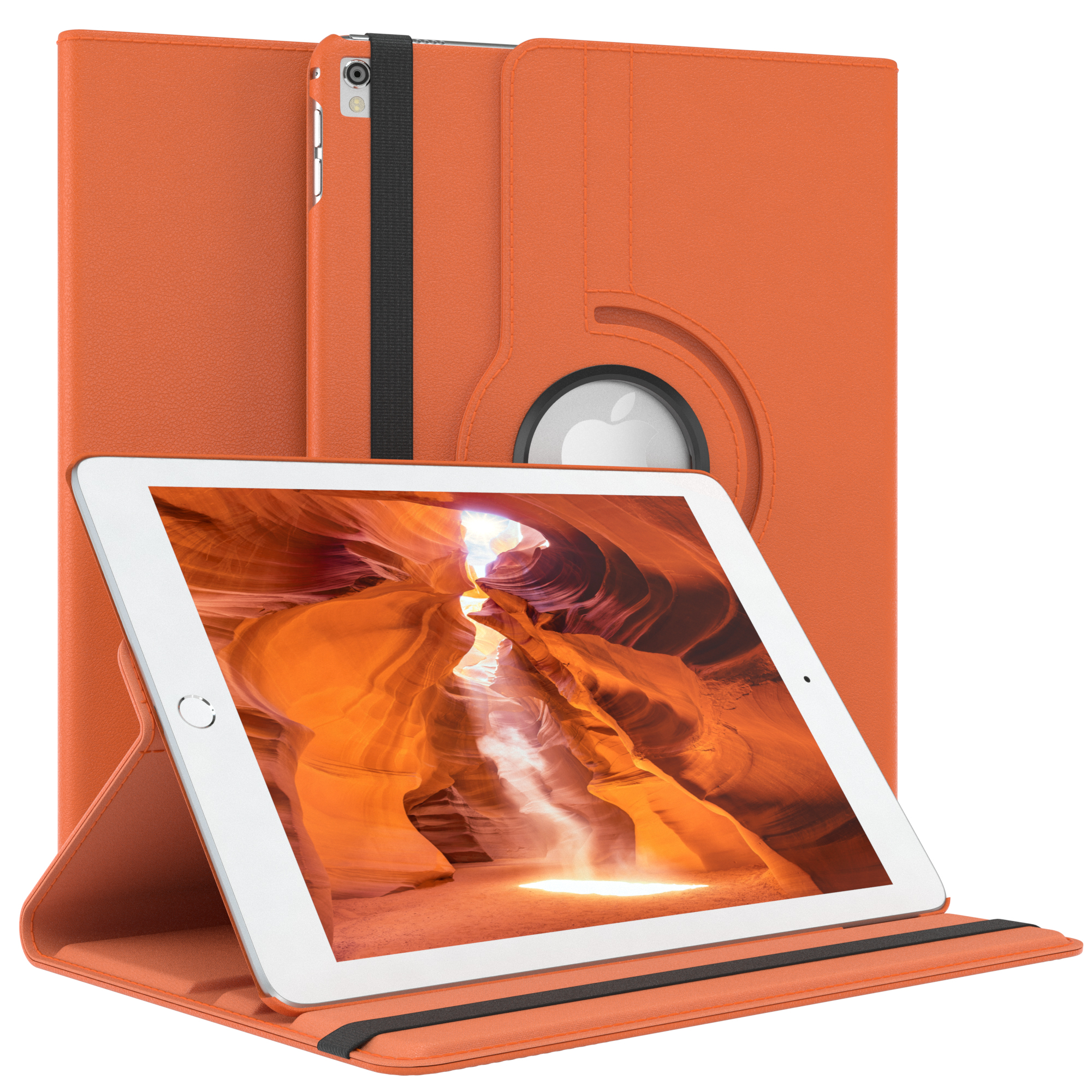 Oranges Tablet in einer orangefarbenen Hülle, mit Tablett, das eine Canyonlandschaft zeigt. Apple Logo.