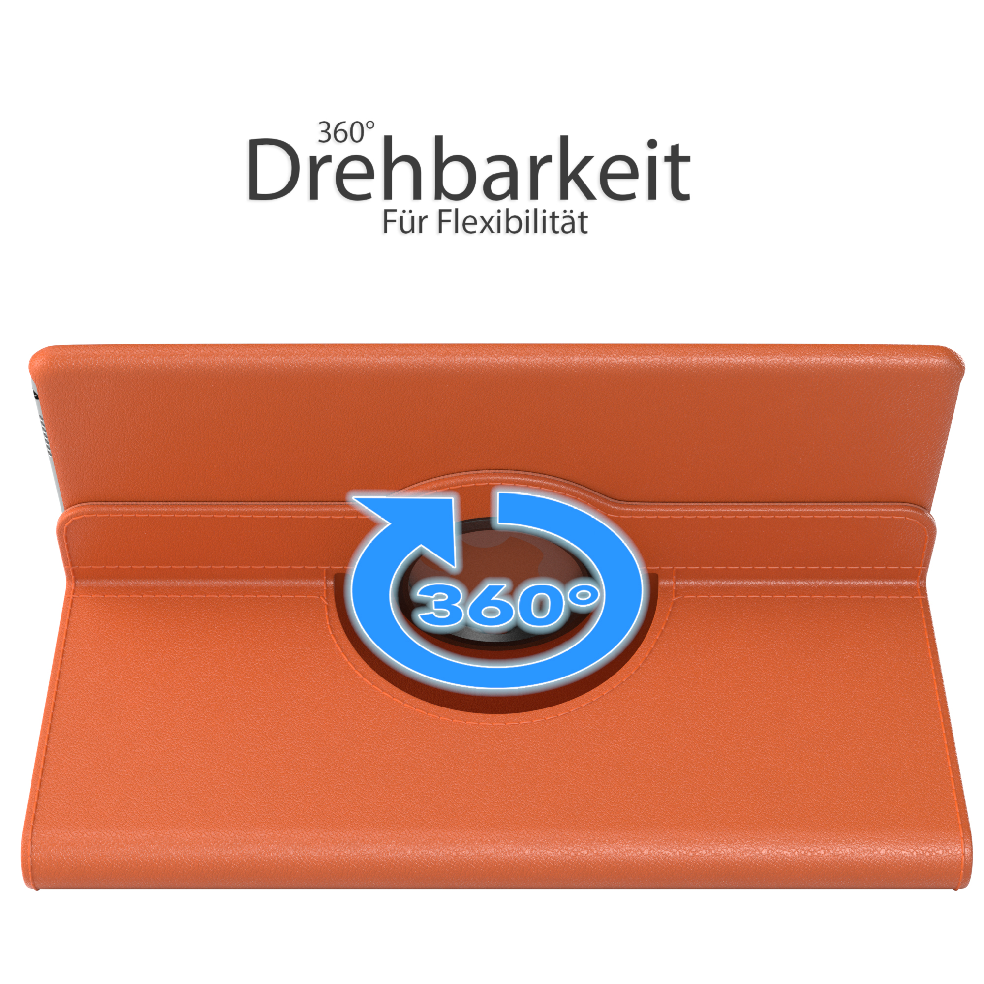 Orangene Tablethülle mit 360-Grad-Drehdesign und blauem Pfeil.