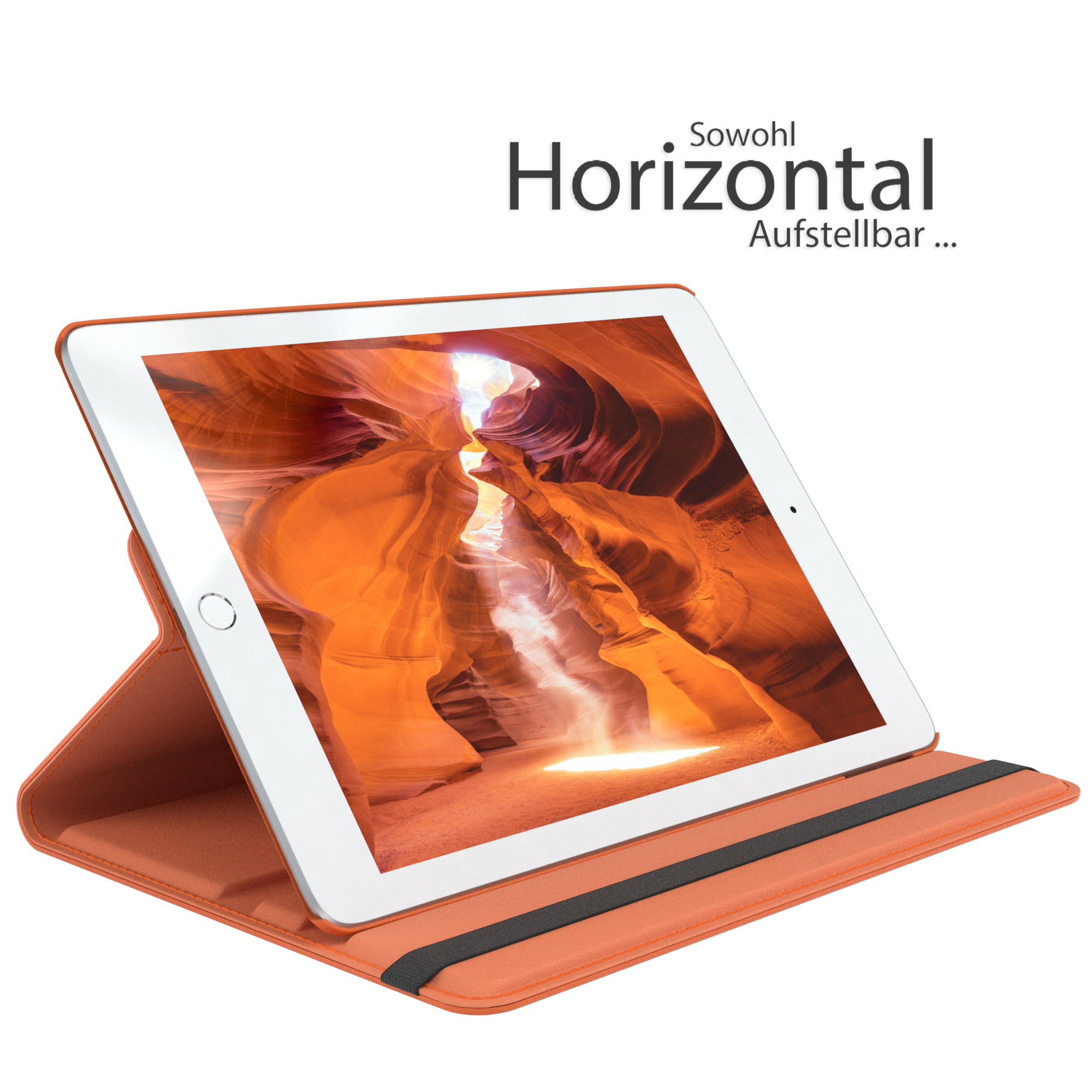 Tablet in orangefarbener Hülle, mit Canyonaussicht auf dem Bildschirm. Weißer Hintergrund.