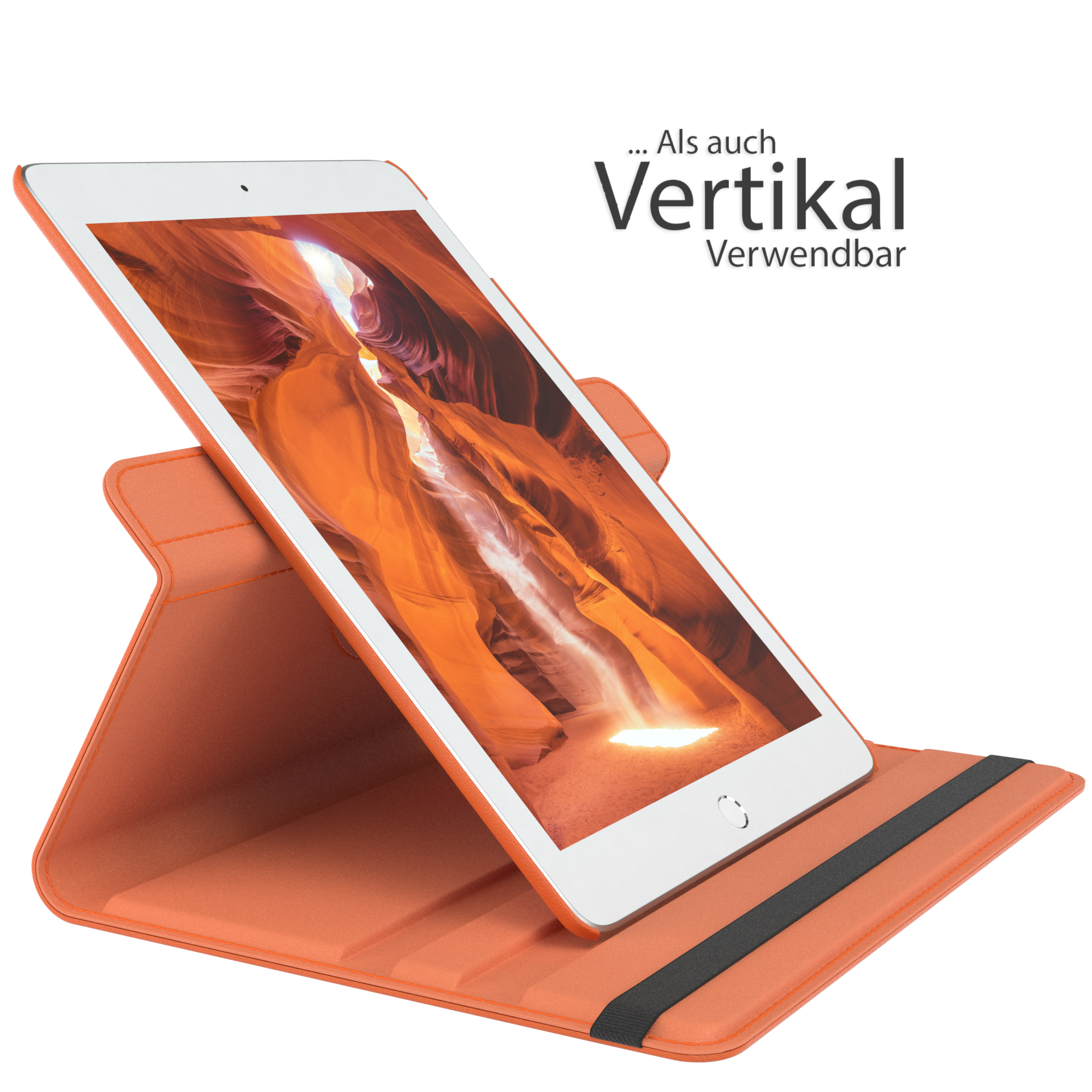 Eine orangefarbene Tablethülle mit einem Tablet darin, das eine Schluchtszene zeigt.