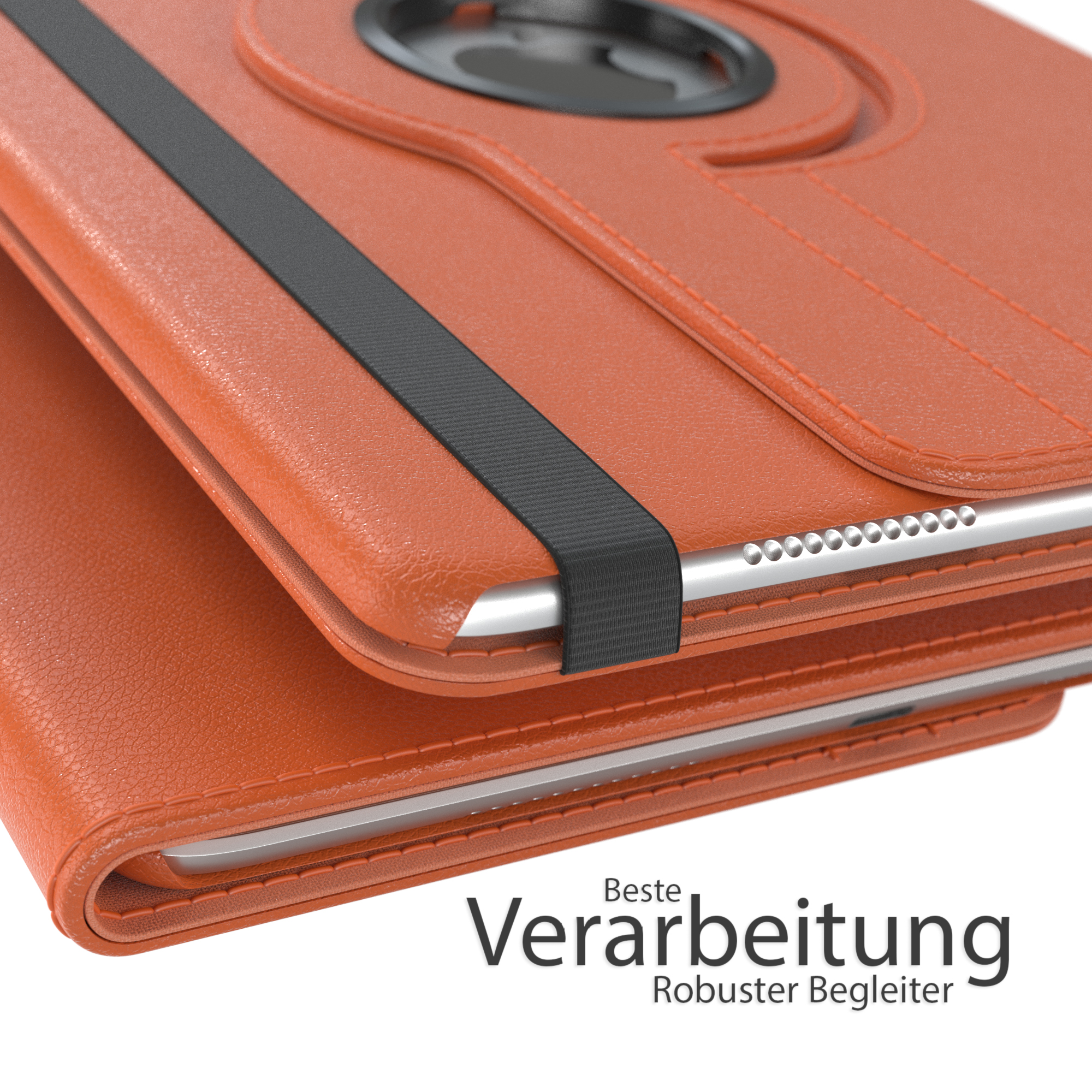 Orange Tablethülle mit Tablet, schwarzem Band und Details.