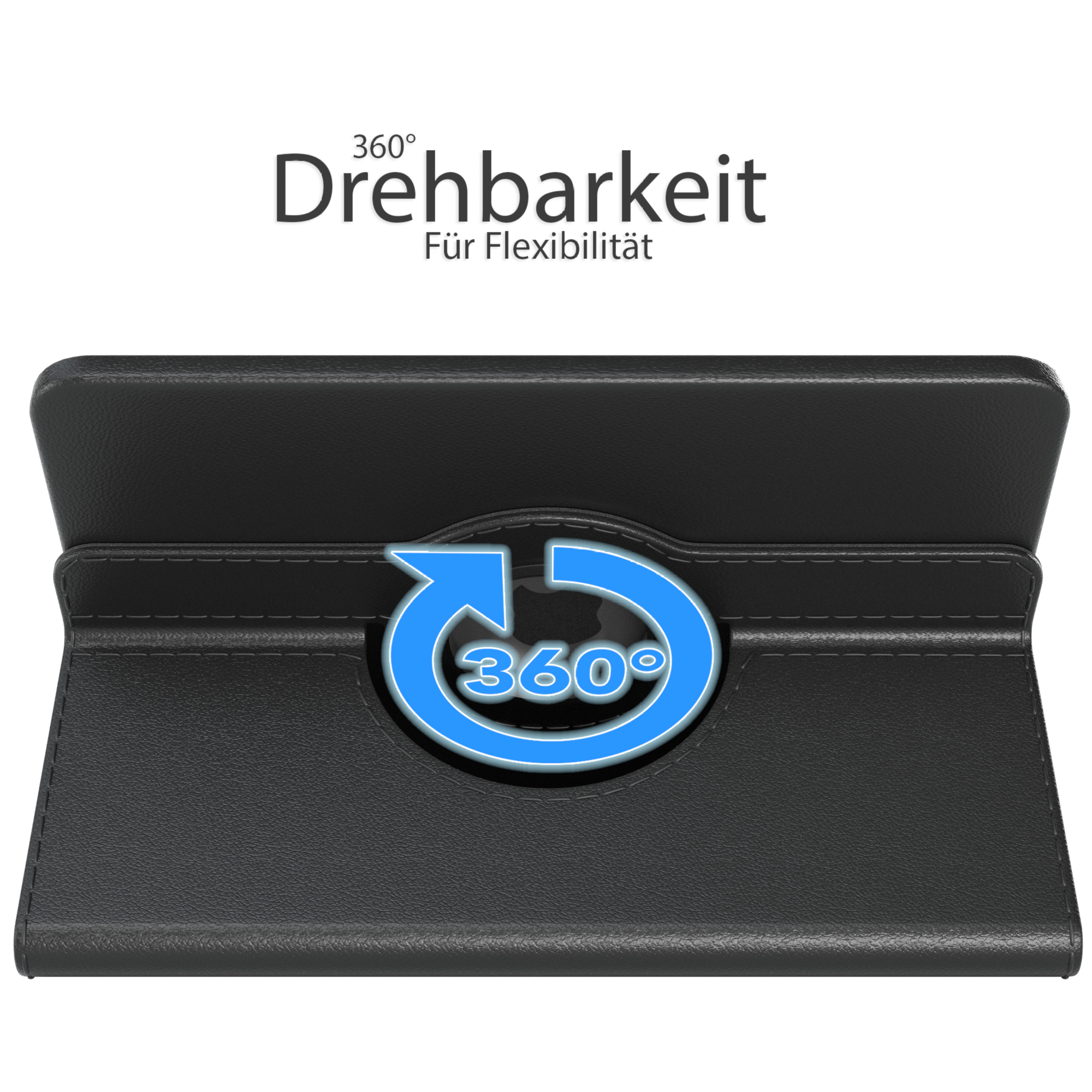 Schwarze Tablethülle in stehender Position. Blaues Rotationssymbol. Weißer Hintergrund.