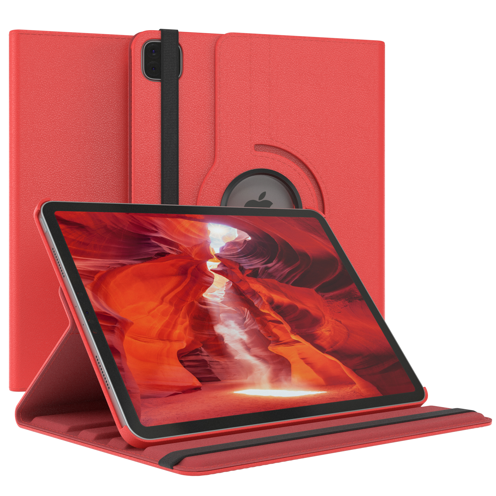 Rotes Tablet in rotem Gehäuse mit Canyon-Bild auf dem Bildschirm.
