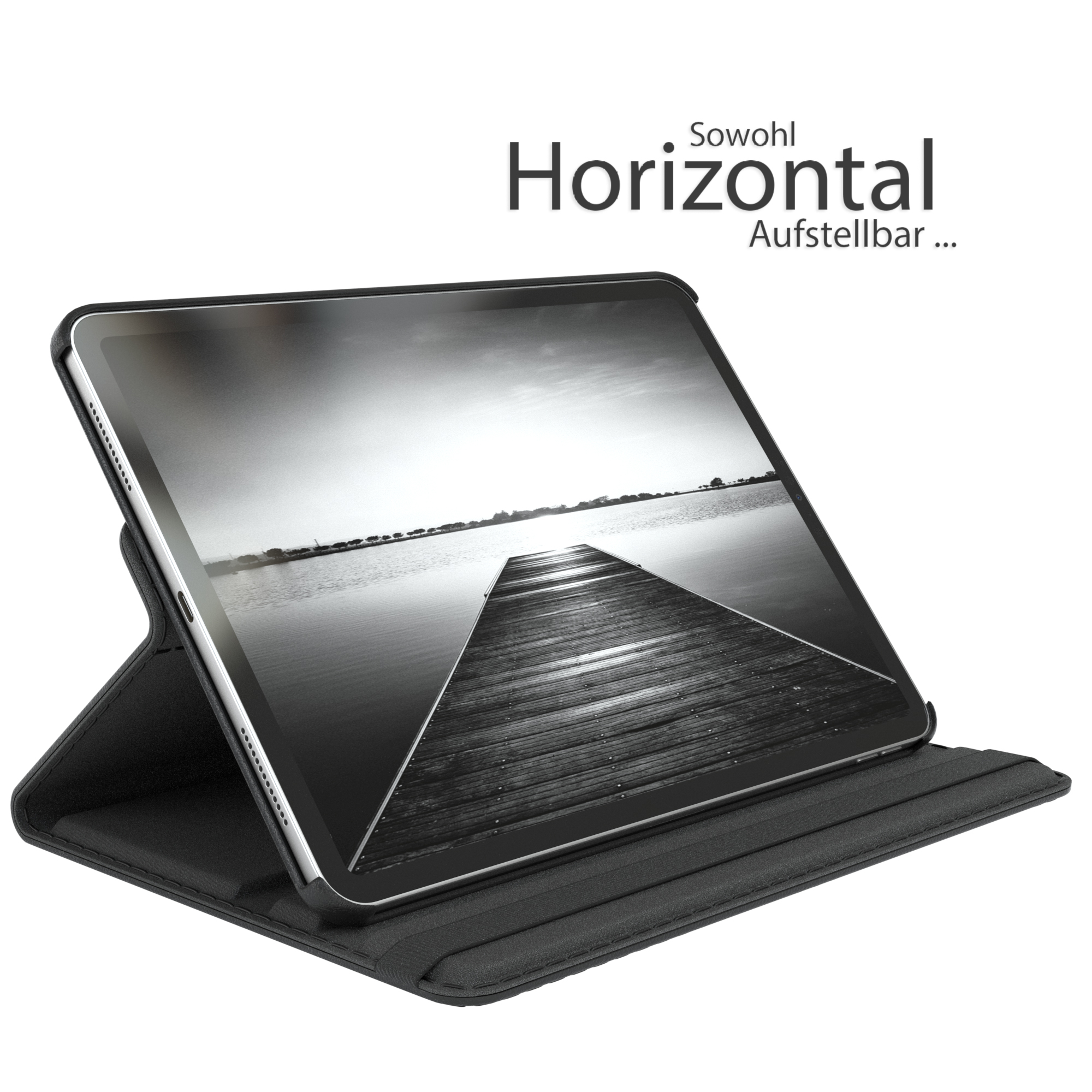 Tablet in schwarzem Gehäuse, zeigt ein Graustufenbild eines Stegs über Wasser, mit Text darüber.