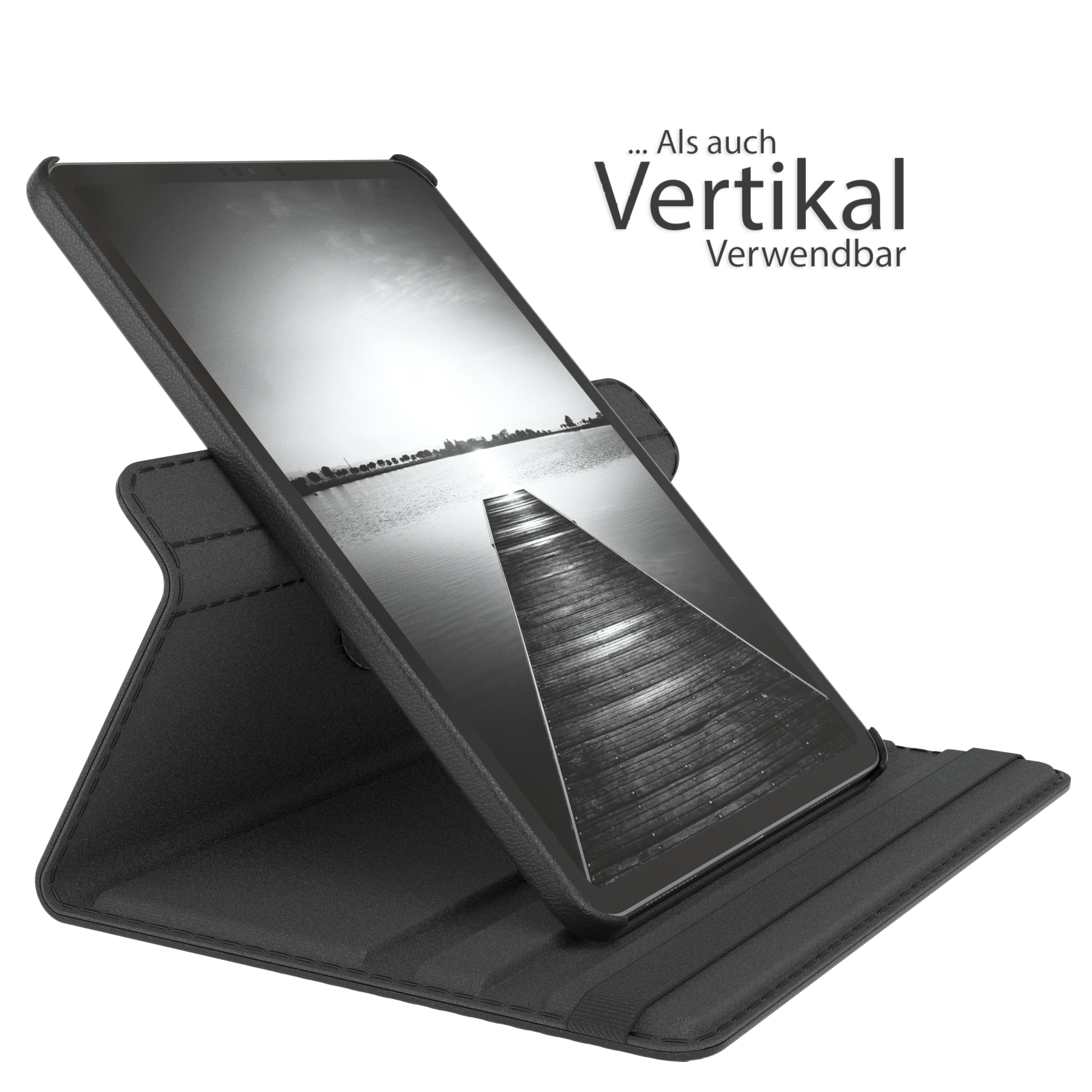 Ein schwarzes Tablet in einem Ständer. Der Bildschirm zeigt einen Steg.