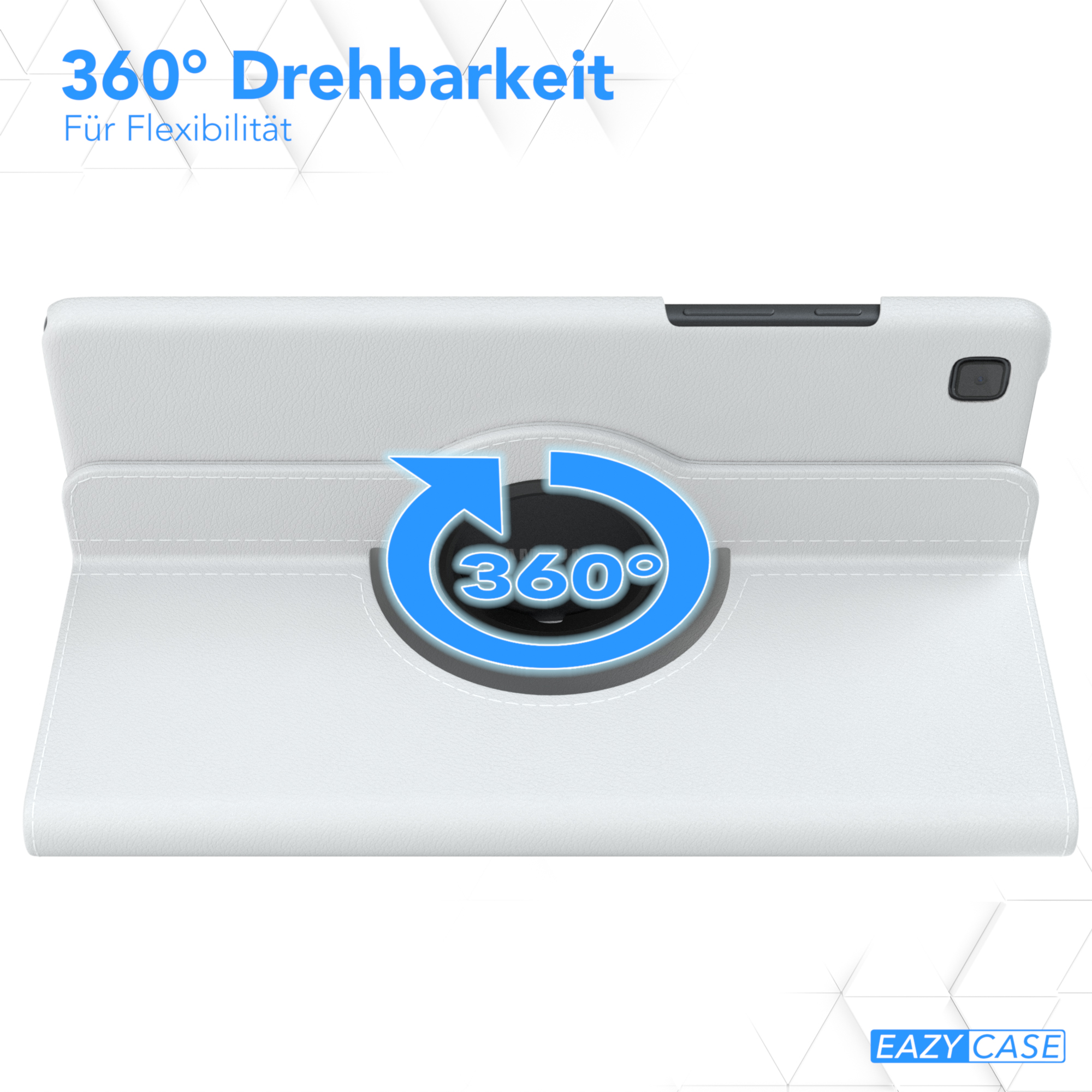 Weiße Tablethülle mit Tablet mit 360°-Symbol, geöffnet und einem schwarzen Gummiband.